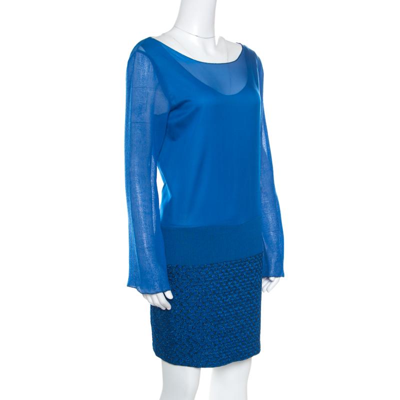 Missoni Blue Textured Lurex Knit Detail Shift Dress M In Excellent Condition In Dubai, Al Qouz 2