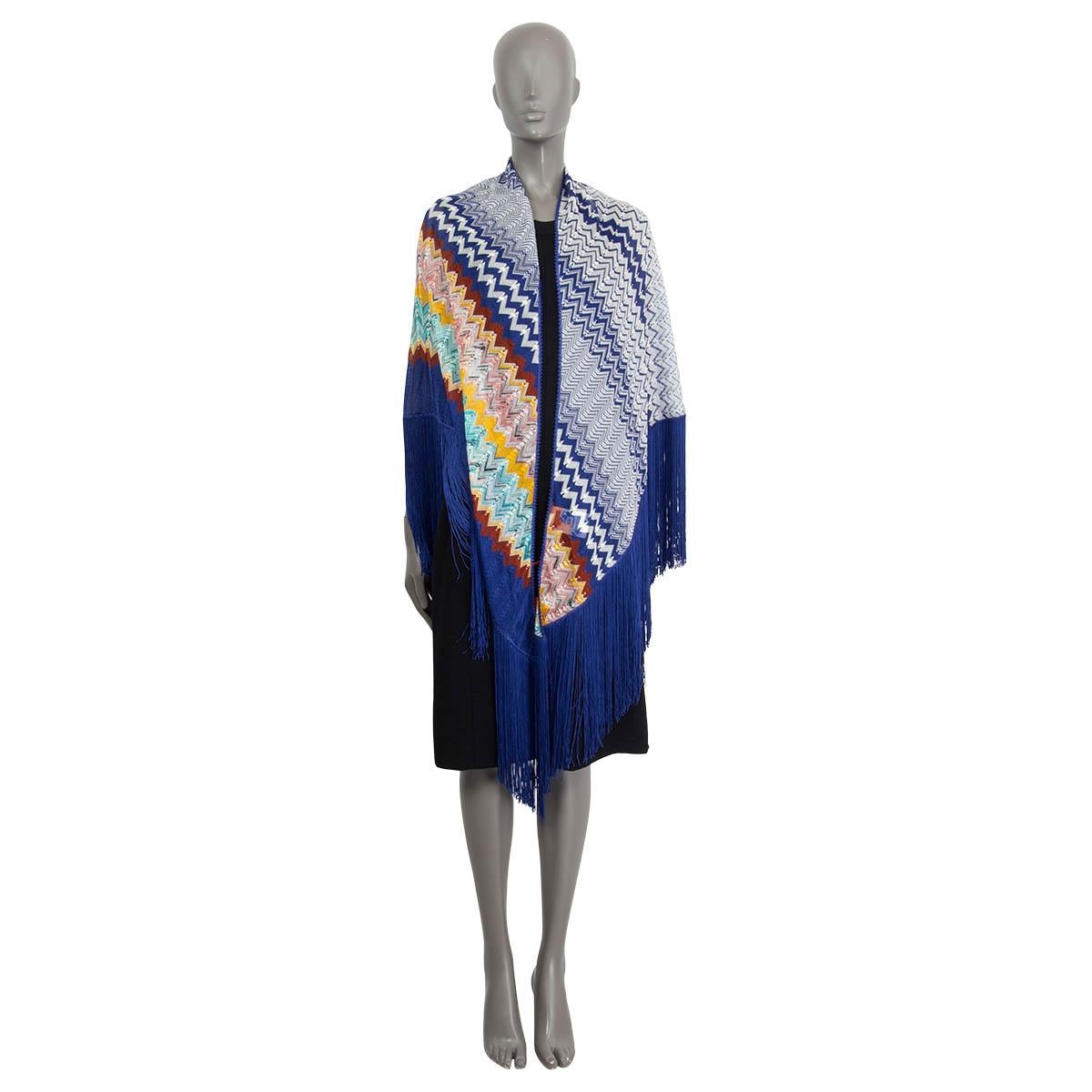 100% authentic Missoni fringed zigzag knitted triangular shawl in royal blue, mustard, turquoise, white, pale pink and brown viscose (100%). Brand new with tag. 

Measurements
Width	192cm (74.9in)
Length	104cm (40.6in)
Widest Point	192cm