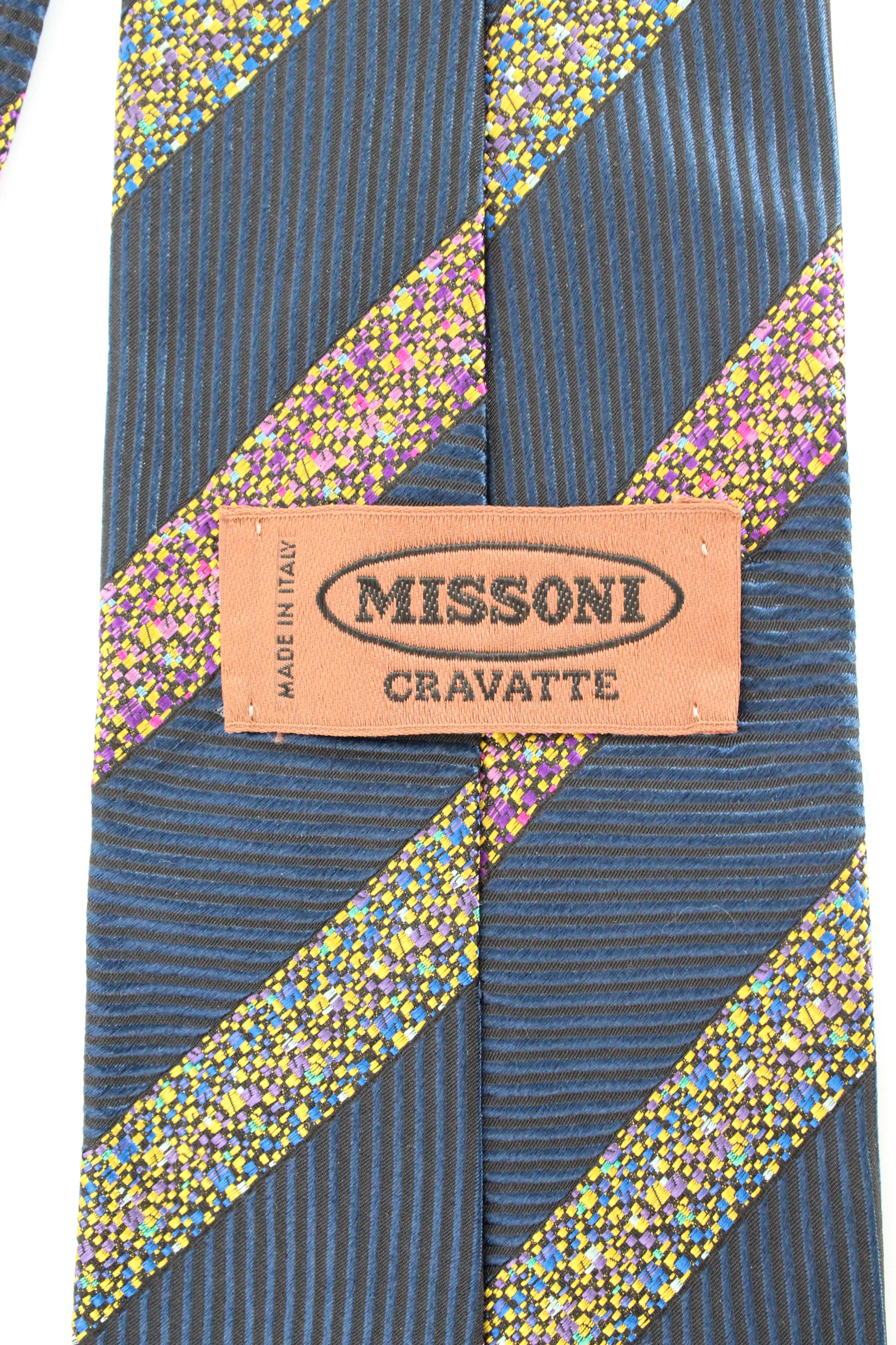 Noir Missoni - Cravate régimentaire vintage en soie bleue et jaune en vente