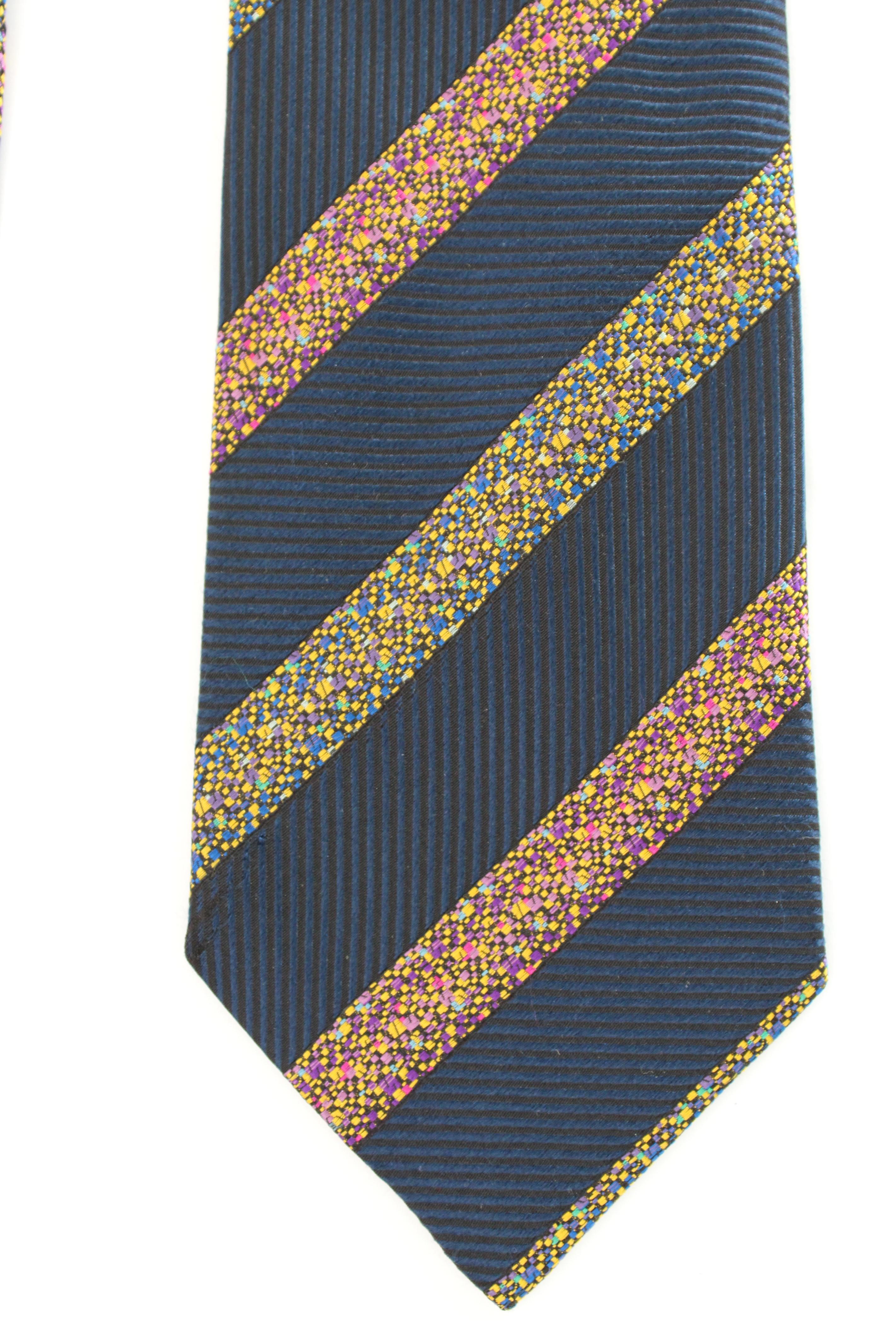 Missoni Blue Yellow Silk Vintage Regimental Tie In Excellent Condition For Sale In Brindisi, Bt