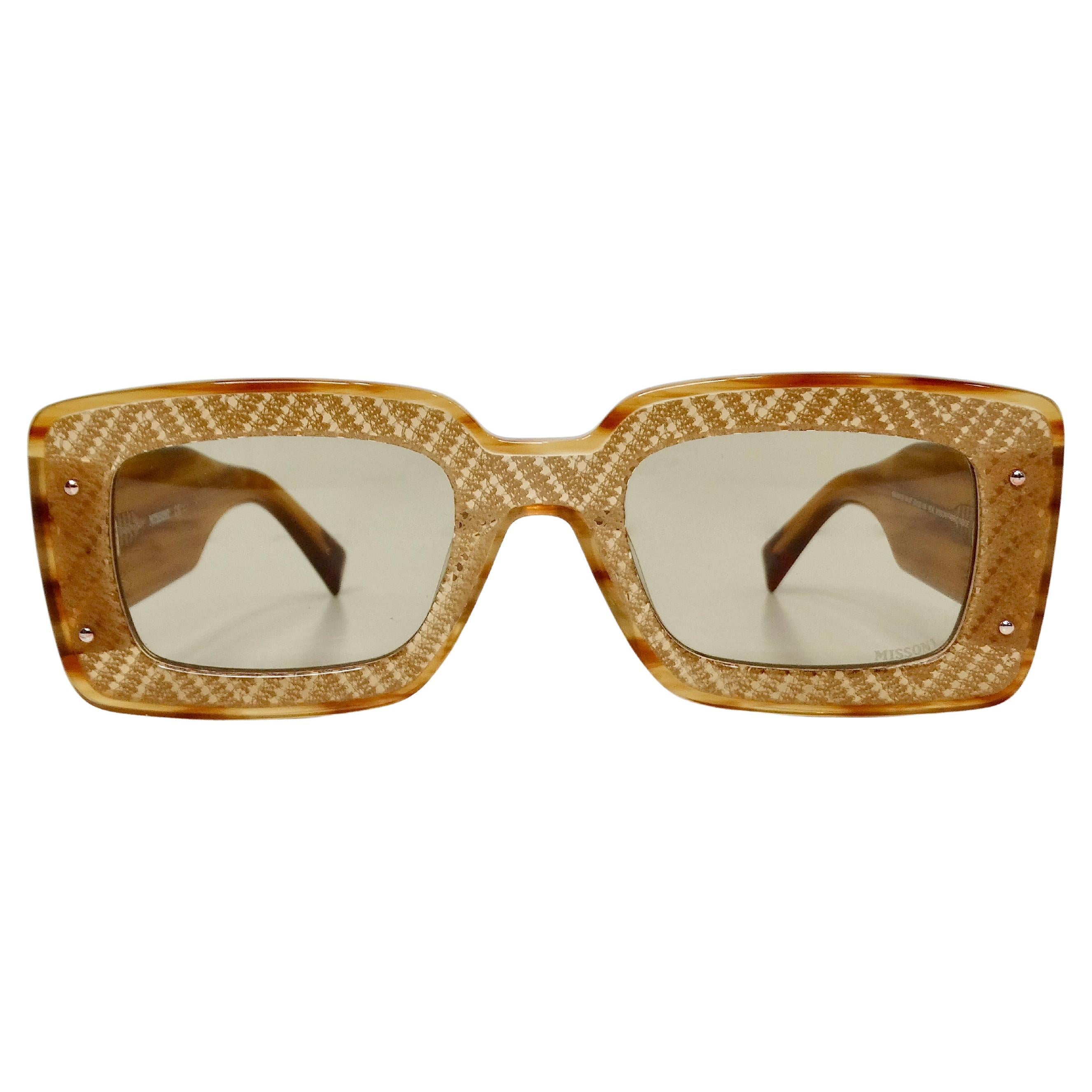 Occhiali da sole quadrati Missoni in acetato marrone con dettagli iconici in maglia in vendita