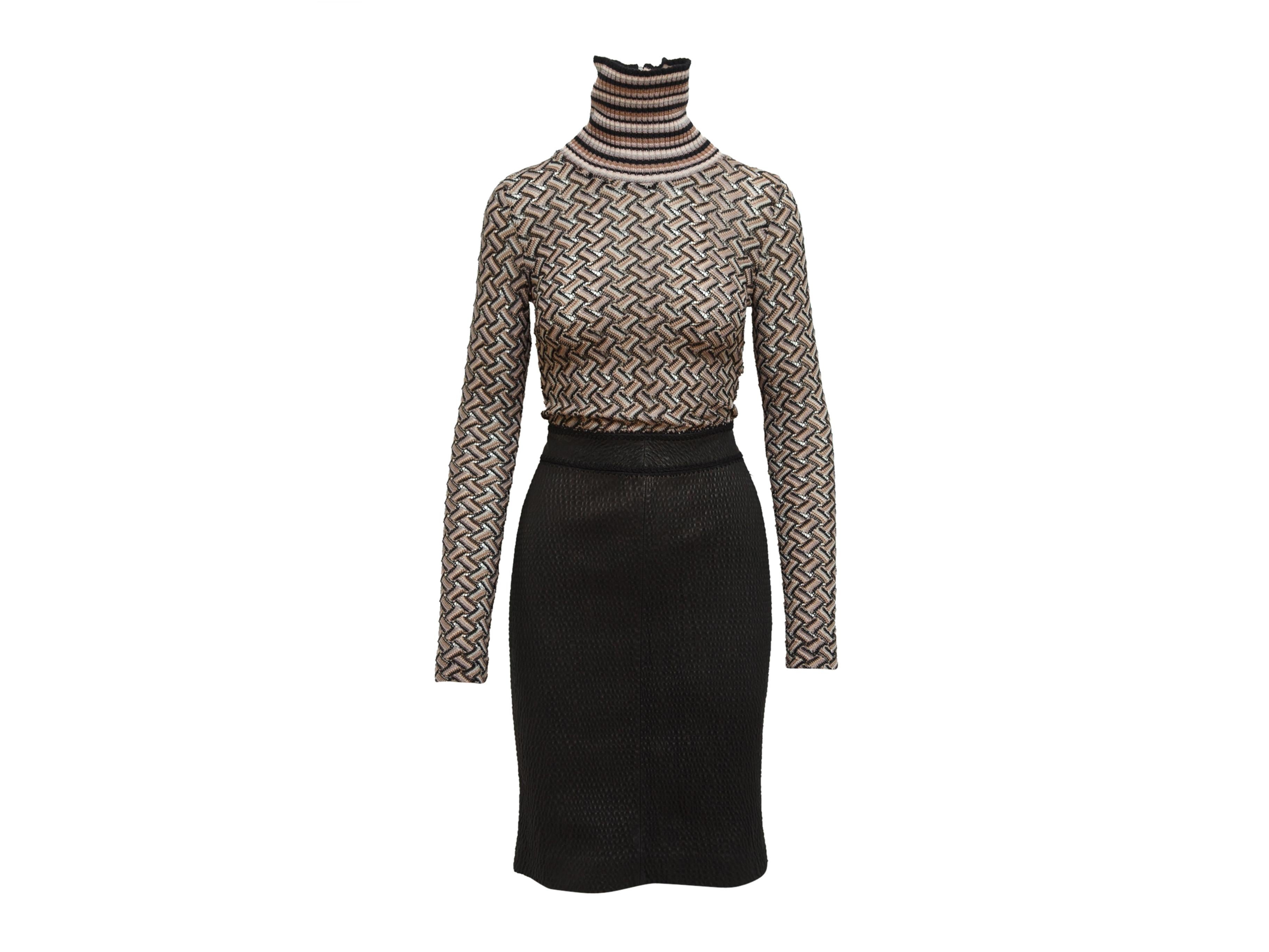 Product details: Brown and black knit dress by Missoni. Turtleneck. Long sleeves. Tonal pattern throughout. Exposed zip closure at back. Designer size IT38. 30