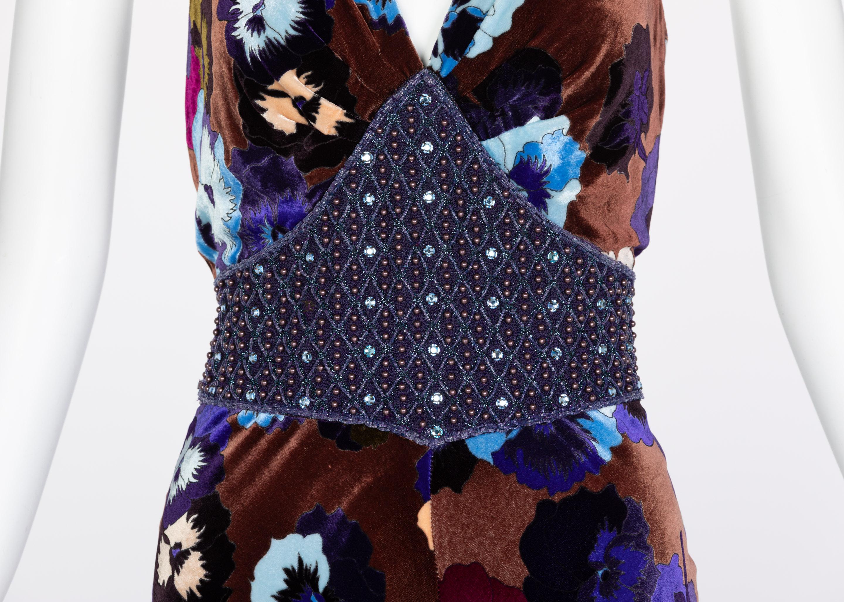 Missoni Brown Blue Purple Silk Velvet Pansy Print Crystal Dress 1930s Style 4