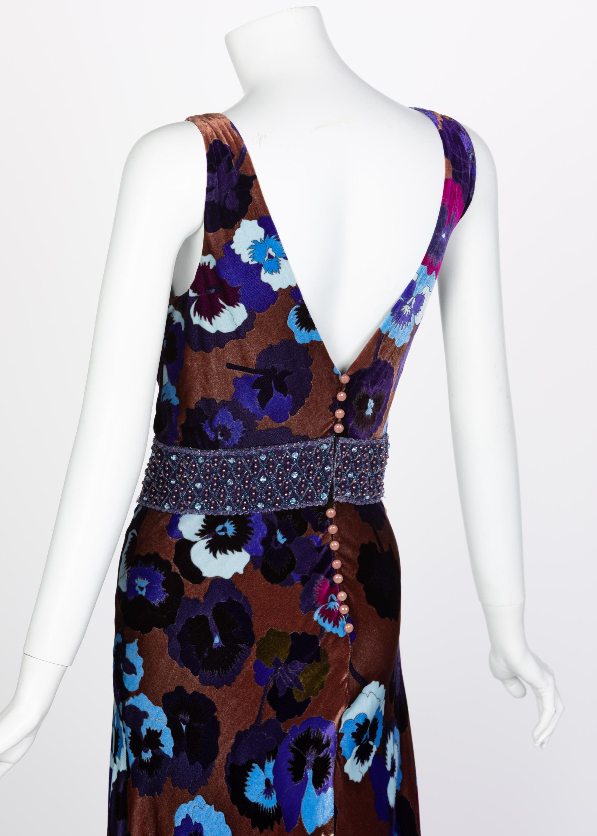 Missoni Brown Blue Purple Silk Velvet Pansy Print Crystal Dress 1930s Style 5