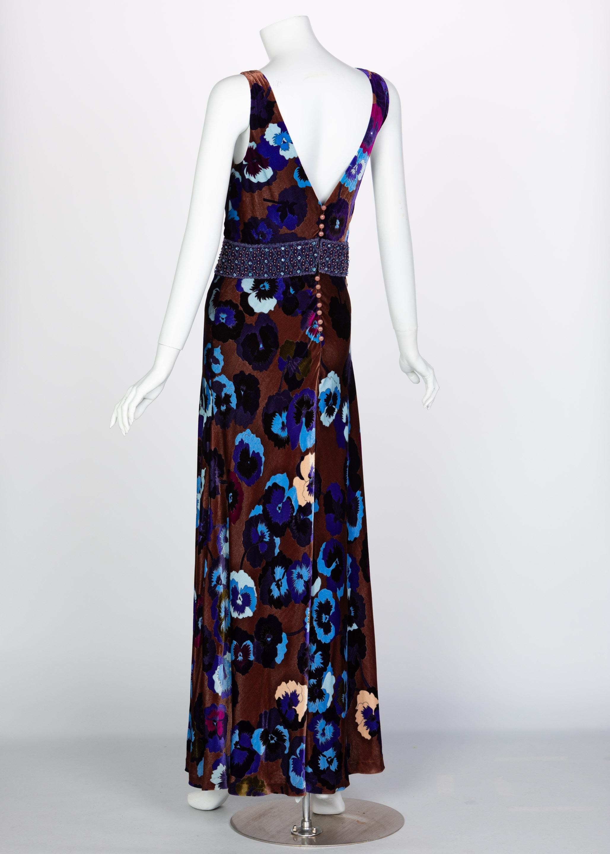 Black Missoni Brown Blue Purple Silk Velvet Pansy Print Crystal Dress 1930s Style