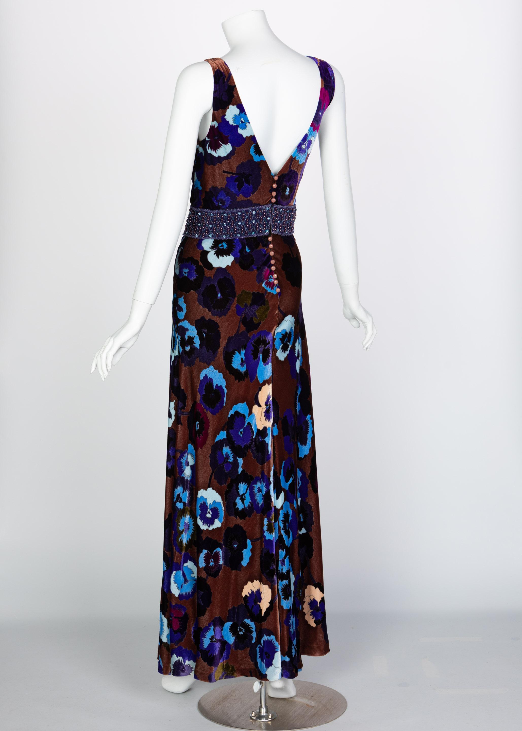 Missoni Brown Blue Purple Silk Velvet Pansy Print Crystal Dress 1930s Style In Excellent Condition In Boca Raton, FL