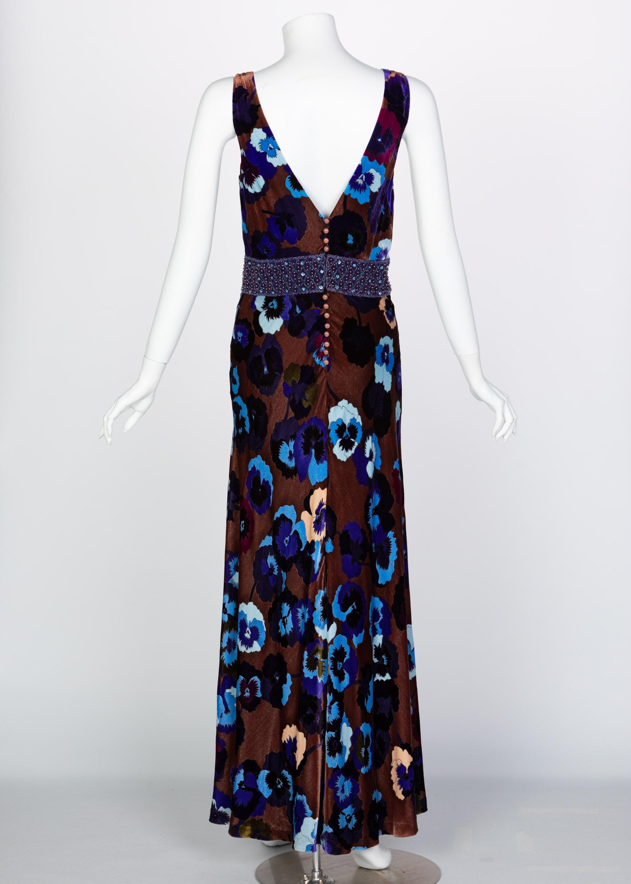 Women's Missoni Brown Blue Purple Silk Velvet Pansy Print Crystal Dress 1930s Style
