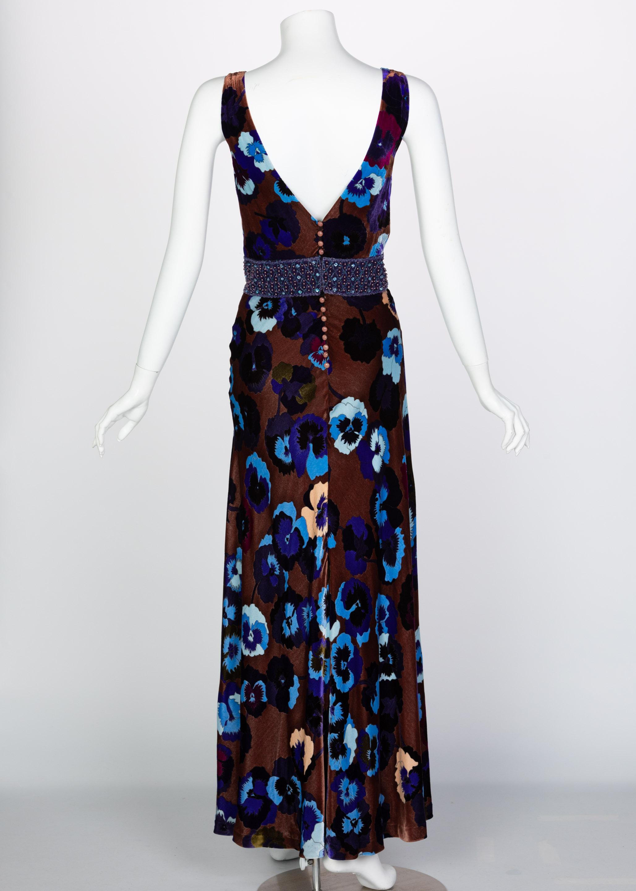 Missoni Brown Blue Purple Silk Velvet Pansy Print Crystal Dress 1930s Style 1