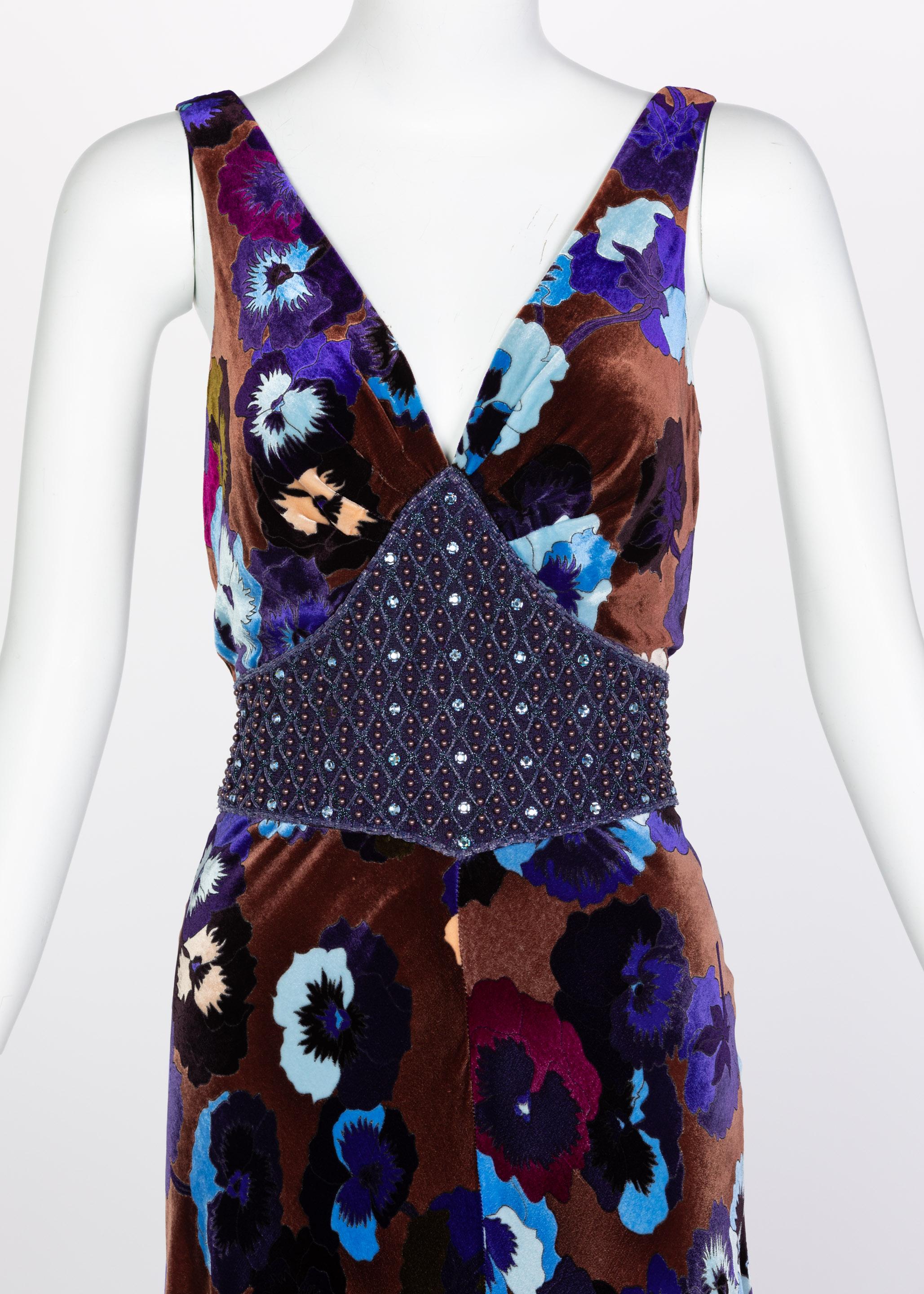 Missoni Brown Blue Purple Silk Velvet Pansy Print Crystal Dress 1930s Style 2