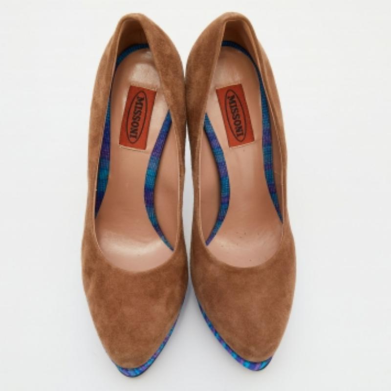 Missoni Brown/Blue Suede And Knit Fabric Platform Pumps Size 38 In Good Condition For Sale In Dubai, Al Qouz 2
