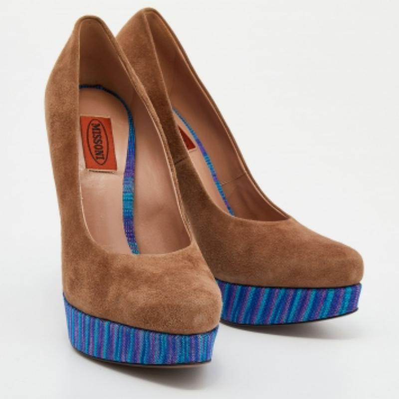 Women's Missoni Brown/Blue Suede And Knit Fabric Platform Pumps Size 38 For Sale