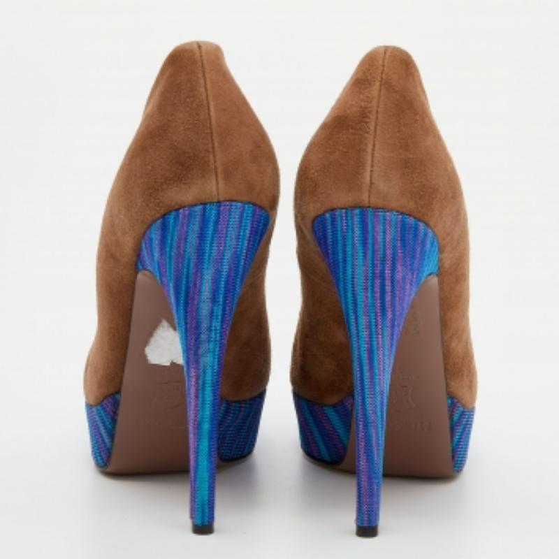 Missoni Brown/Blue Suede And Knit Fabric Platform Pumps Size 38 For Sale 2