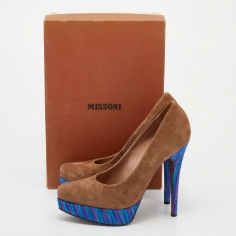 Missoni Brown/Blue Suede And Knit Fabric Platform Pumps Size 38 For Sale 4