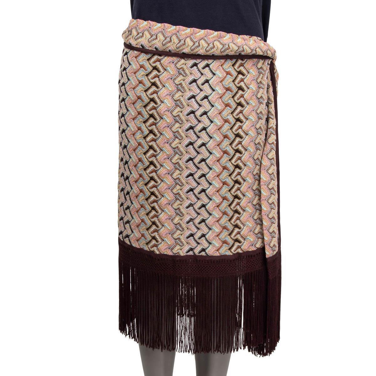 Marron MISSONI Brown & pink viscose FRINGED SIDE TIE MIDI KNIT Skirt 46 XL en vente