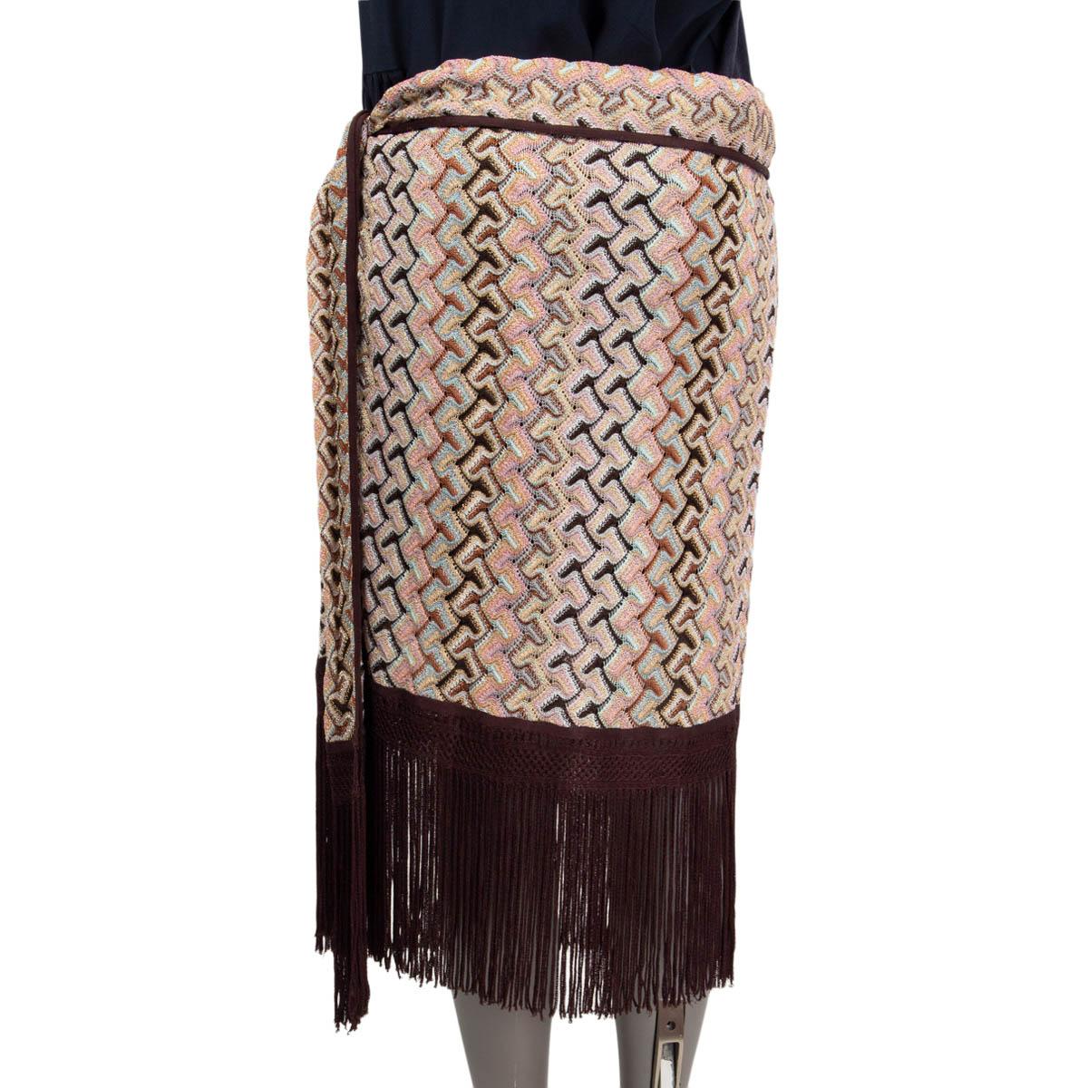 MISSONI Brown & pink viscose FRINGED SIDE TIE MIDI KNIT Skirt 46 XL Pour femmes en vente