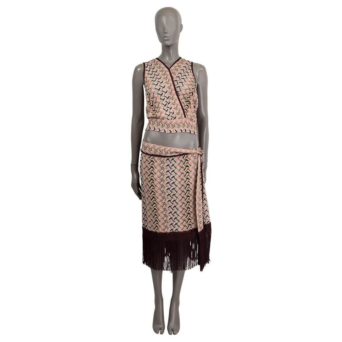 MISSONI Brown & pink viscose FRINGED SIDE TIE MIDI KNIT Skirt 46 XL en vente 3