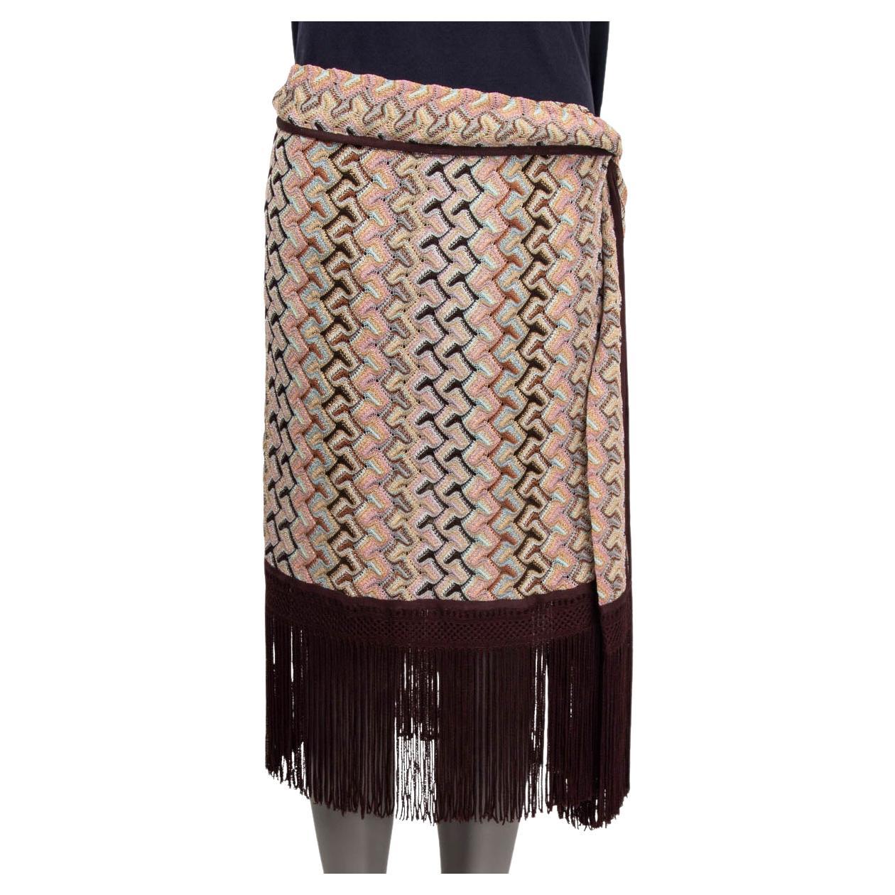 MISSONI brown & pink viscose FRINGED SIDE TIE MIDI KNIT Skirt 46 XL For Sale