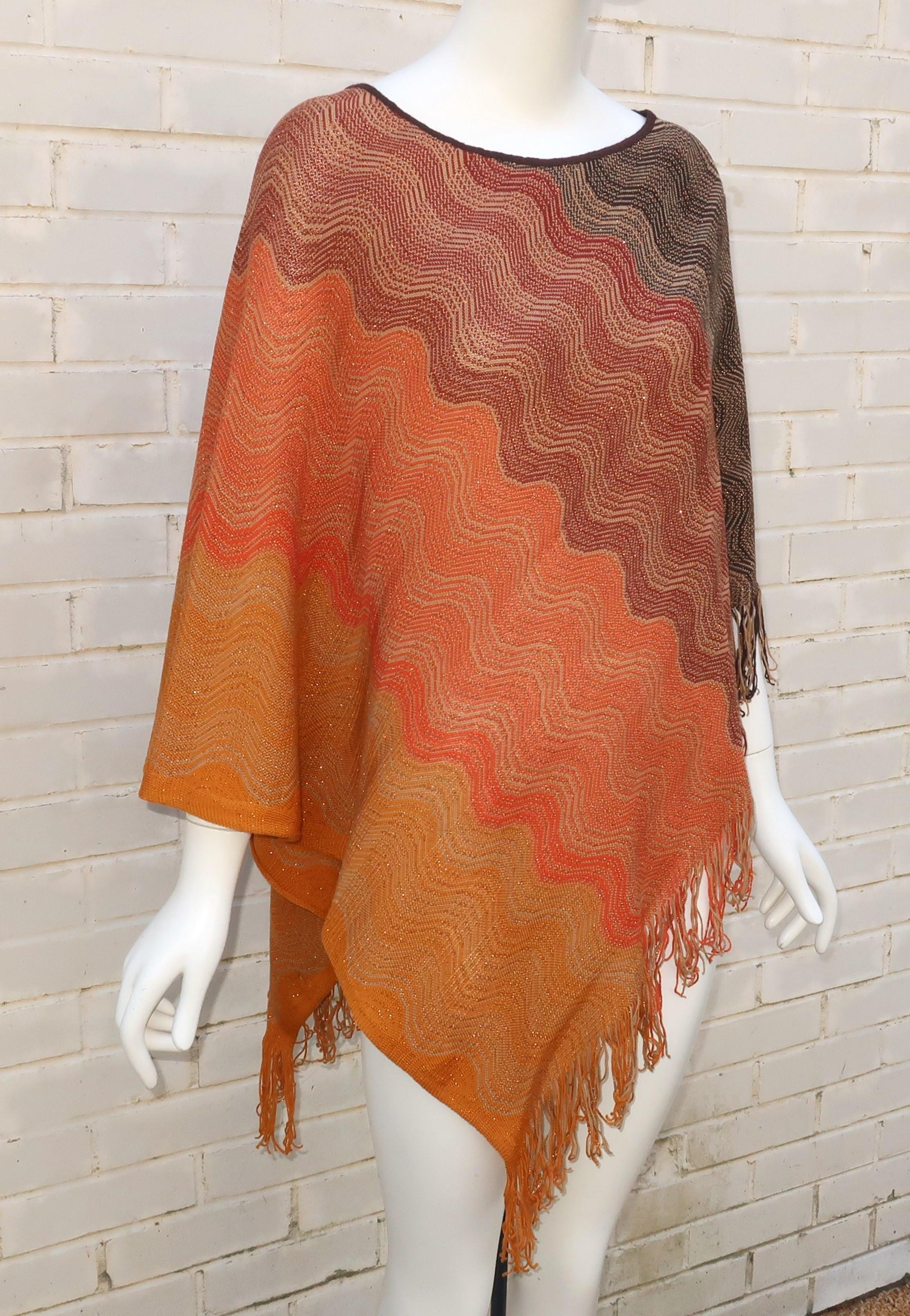 MISSONI Brown Wool Poncho Sweater With Copper Metallic Threading For Sale 2