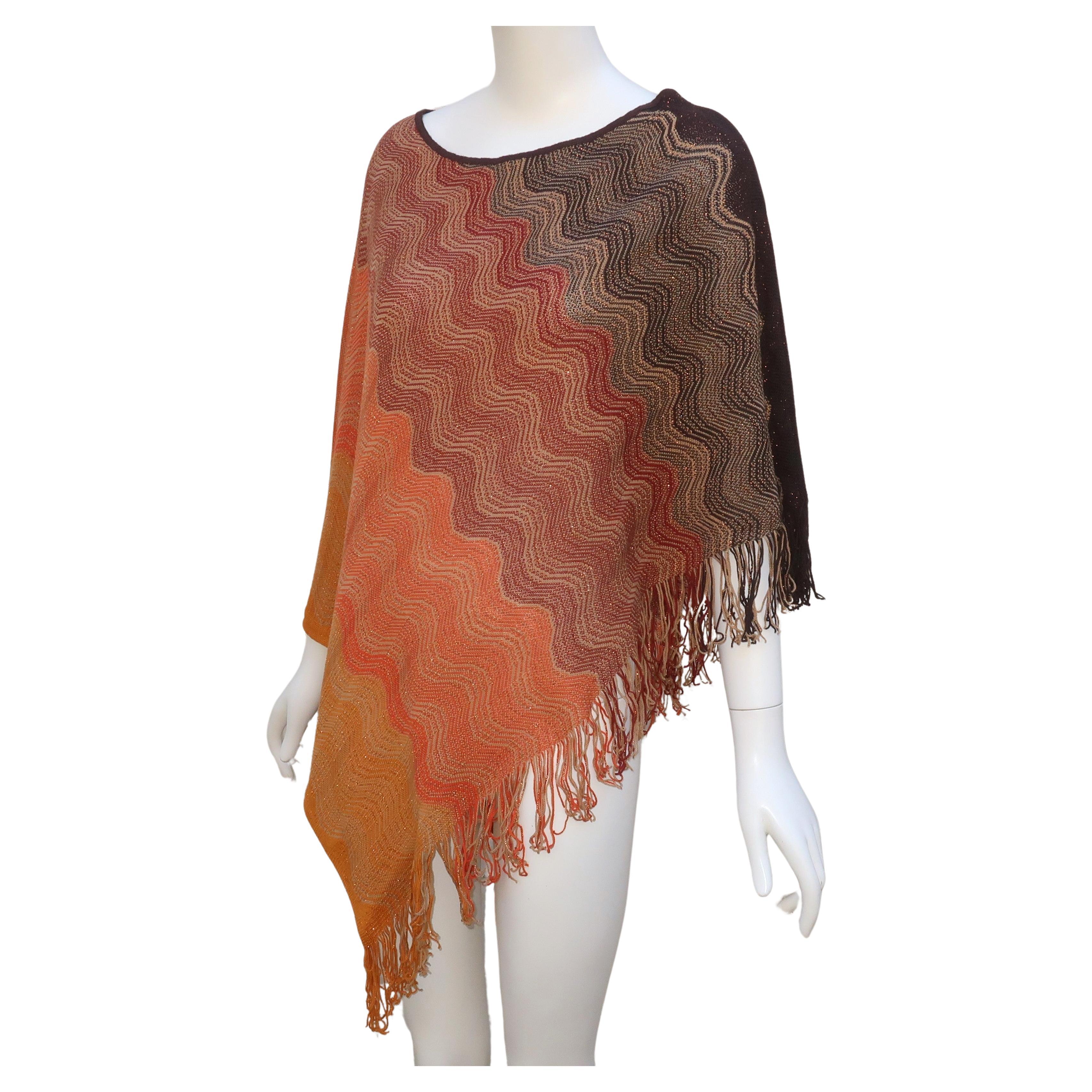 MISSONI Brown Wool Poncho Sweater With Copper Metallic Threading For Sale