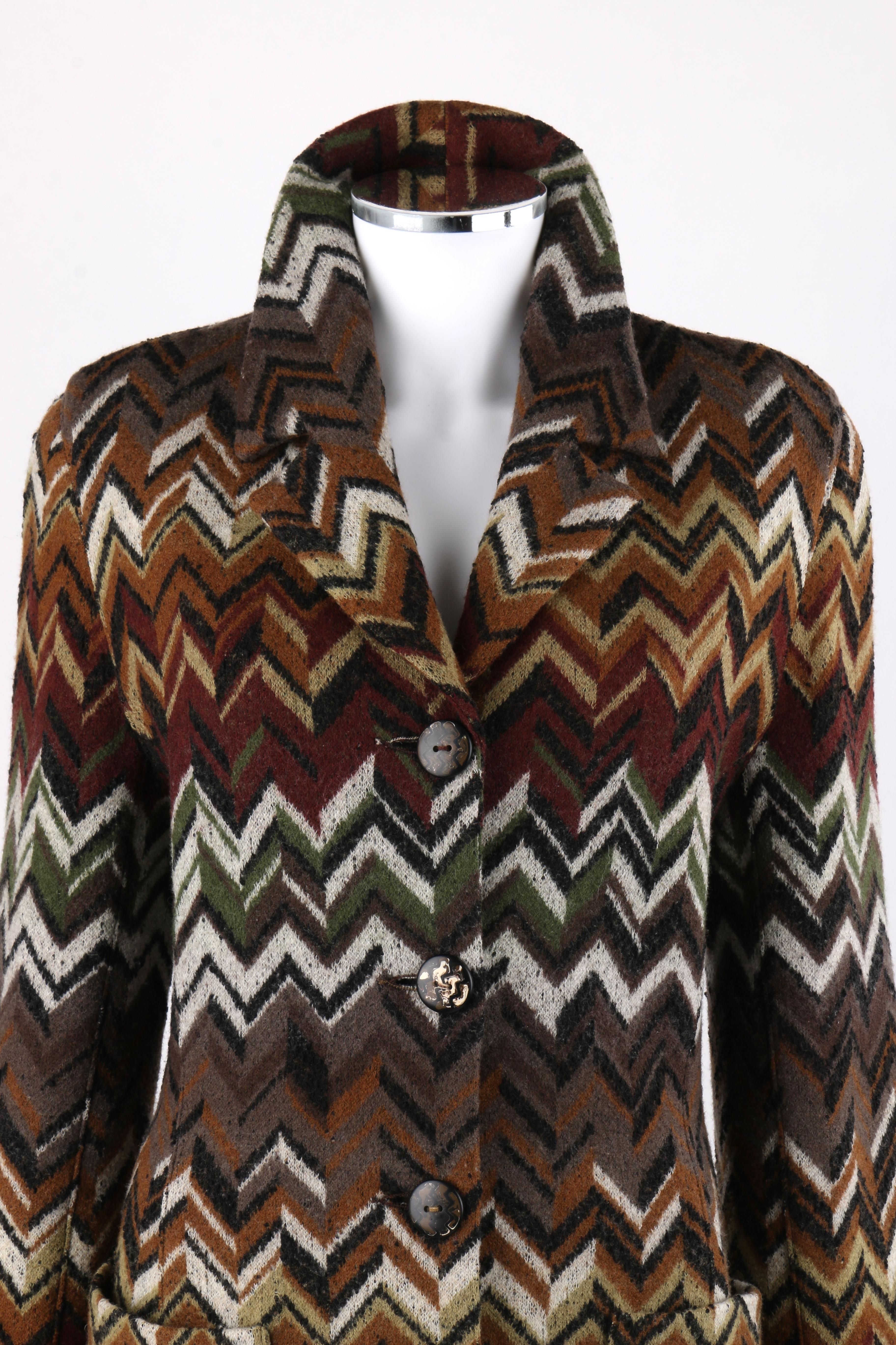 MISSONI c.1970’s Multi-color Chevron Button Up Wool Knit Coat Jacket 
 
Circa: 1970’s 
Label(s): Missoni / Neiman Marcus   
Style: Coat
Color(s): Shades of green, brown, red, yellow, grey and black.  
Lined: No
Unmarked Fabric Content: