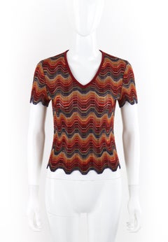 MISSONI c.1970s Multicolor Wool Stretch Knit Striped V-Neck Short Sleeve Top