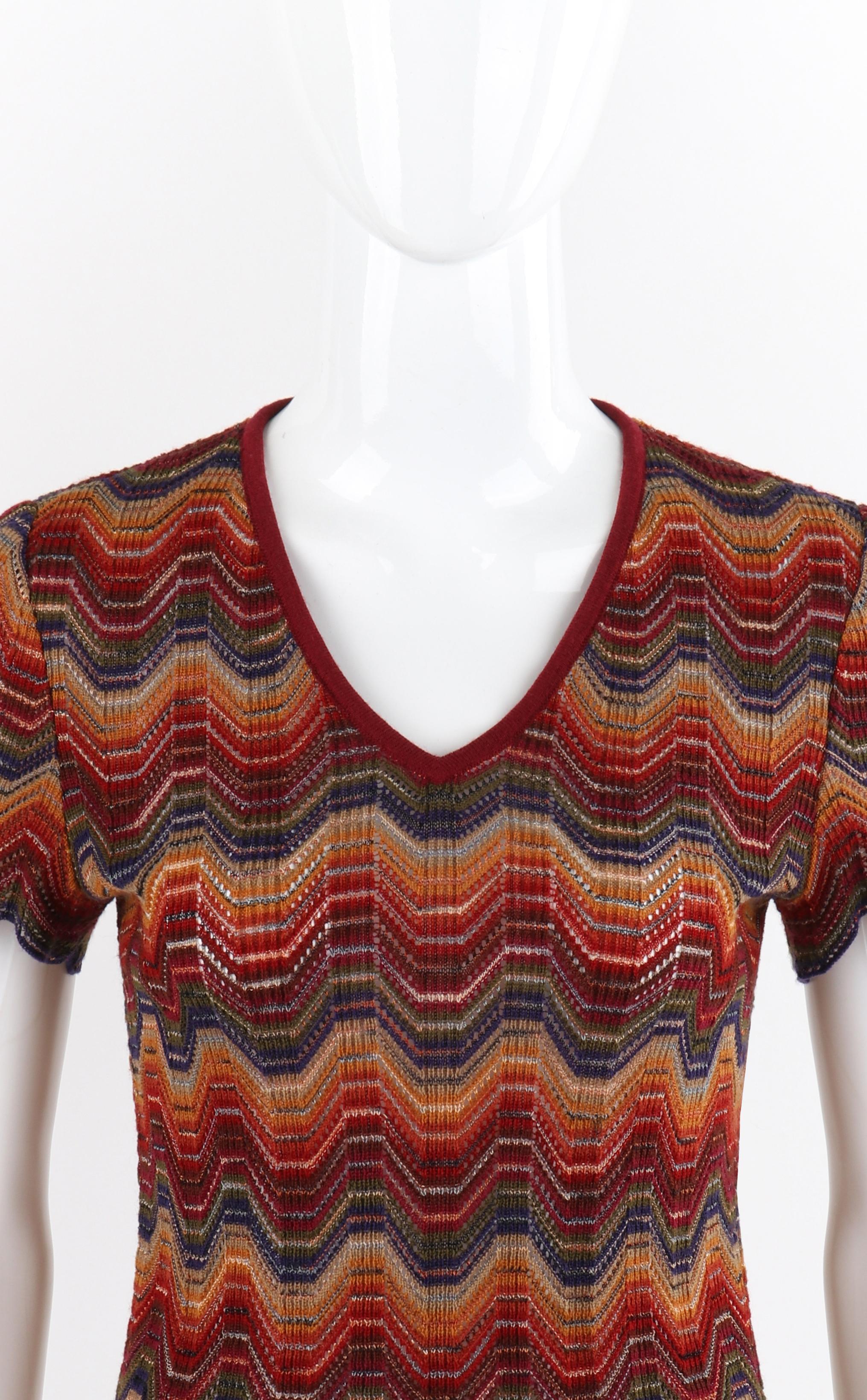 Brown MISSONI c.1970s Multicolor Wool Stretch Knit Striped V-Neck Short Sleeve Top For Sale
