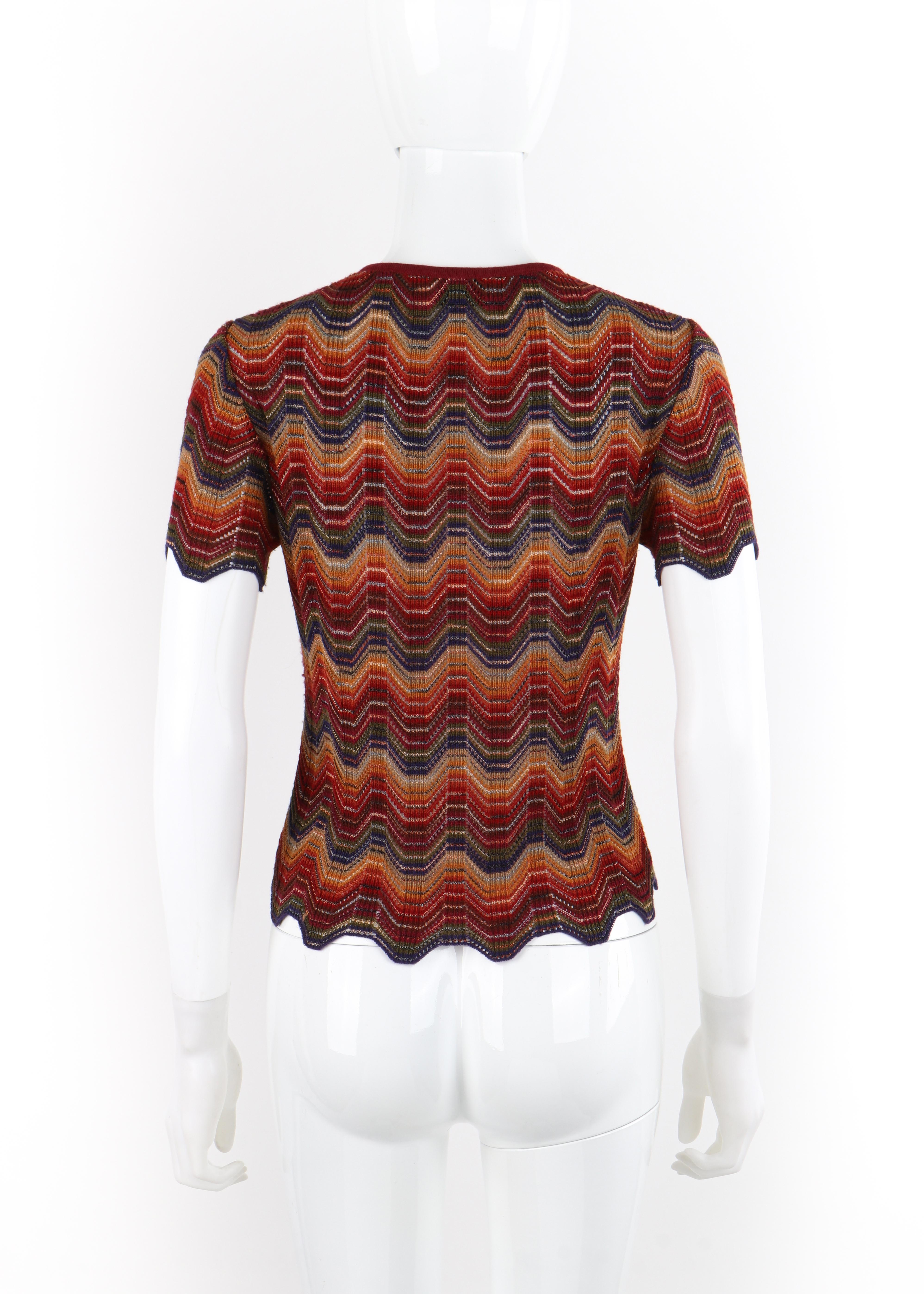 MISSONI c.1970s Multicolor Wool Stretch Knit Striped V-Neck Short Sleeve Top For Sale 1