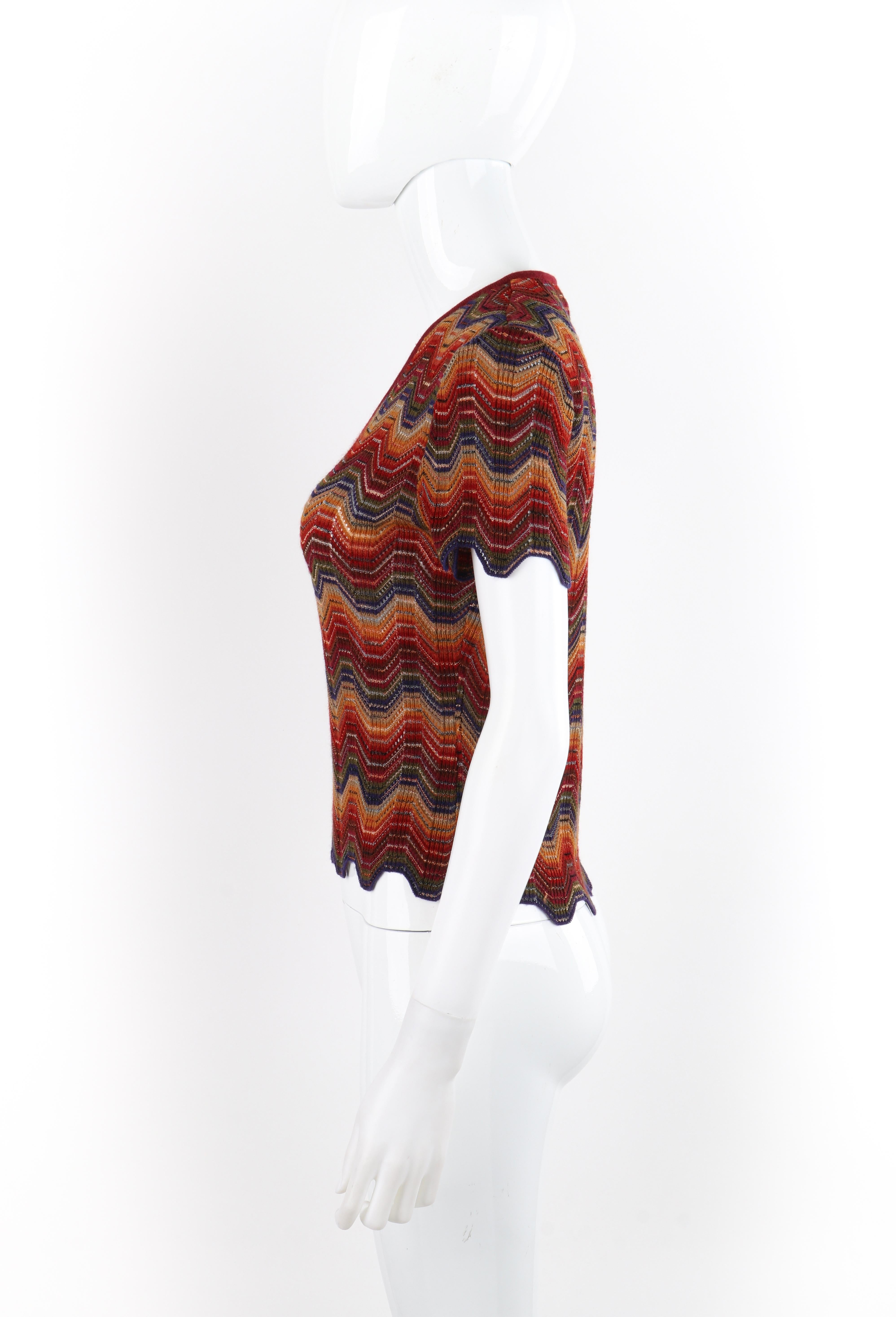 MISSONI c.1970s Multicolor Wool Stretch Knit Striped V-Neck Short Sleeve Top For Sale 2