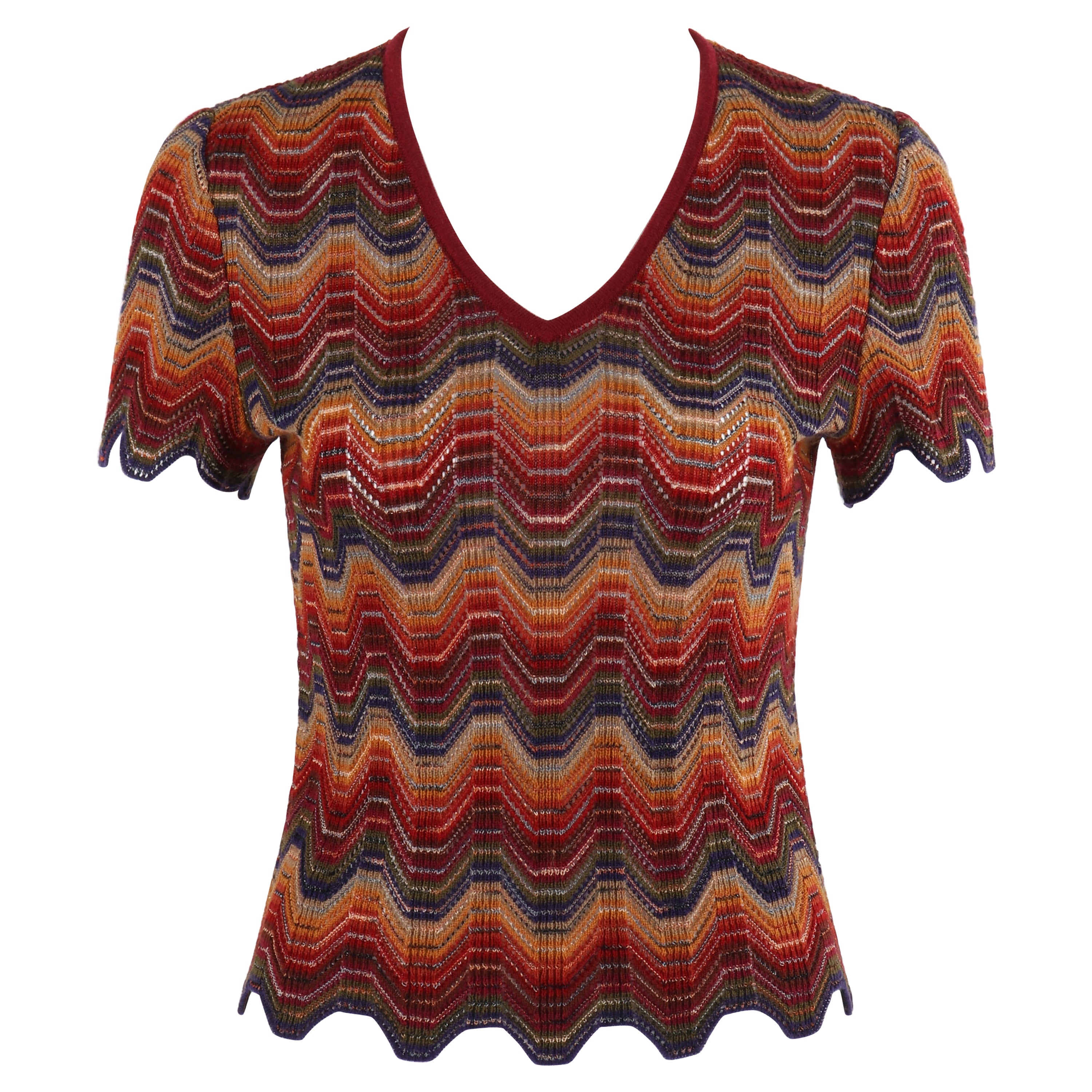 MISSONI - Haut à manches courtes en maille de laine extensible multicolore avec col en V rayé, circa 1970