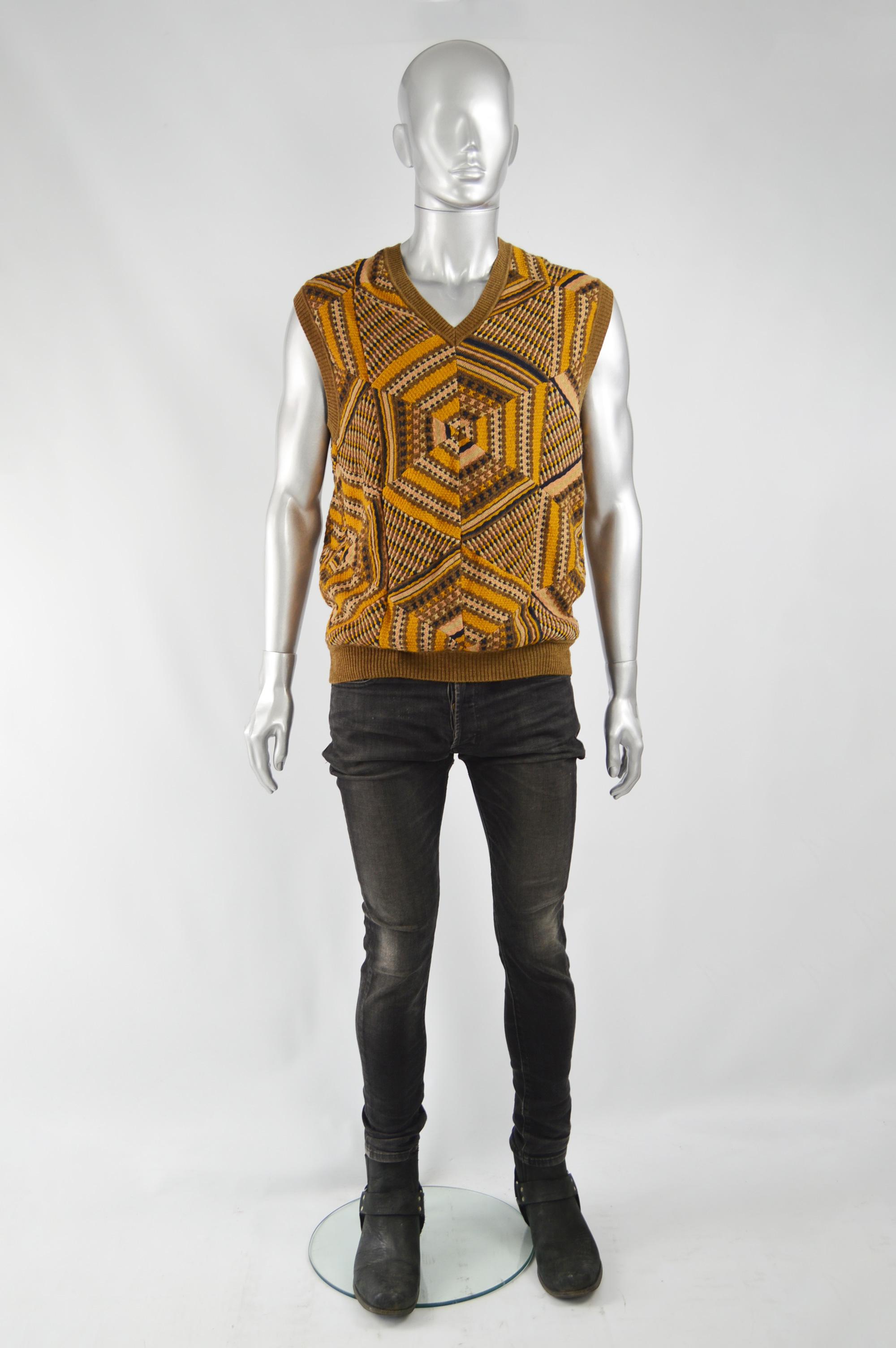 A stylish men's Missoni sweater vest. As part of the Missoni Collectible line this sleeveless jumper is very rare, this is number 14 of only 50 made of this design. In a geometric, hexagonal patchwork of different wool knit fabrics which give an