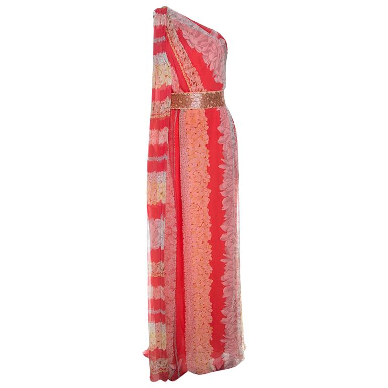 Missoni Coral Pink Floral Print Silk One Shoulder Maxi Dress S