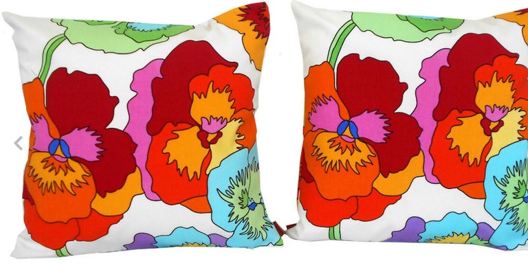 Missoni custom pink, orange, red floral pansy pillow pair, MissoniHome, Italy. Multicolor pansy on a white background for interiors and outdoor usage. 
 