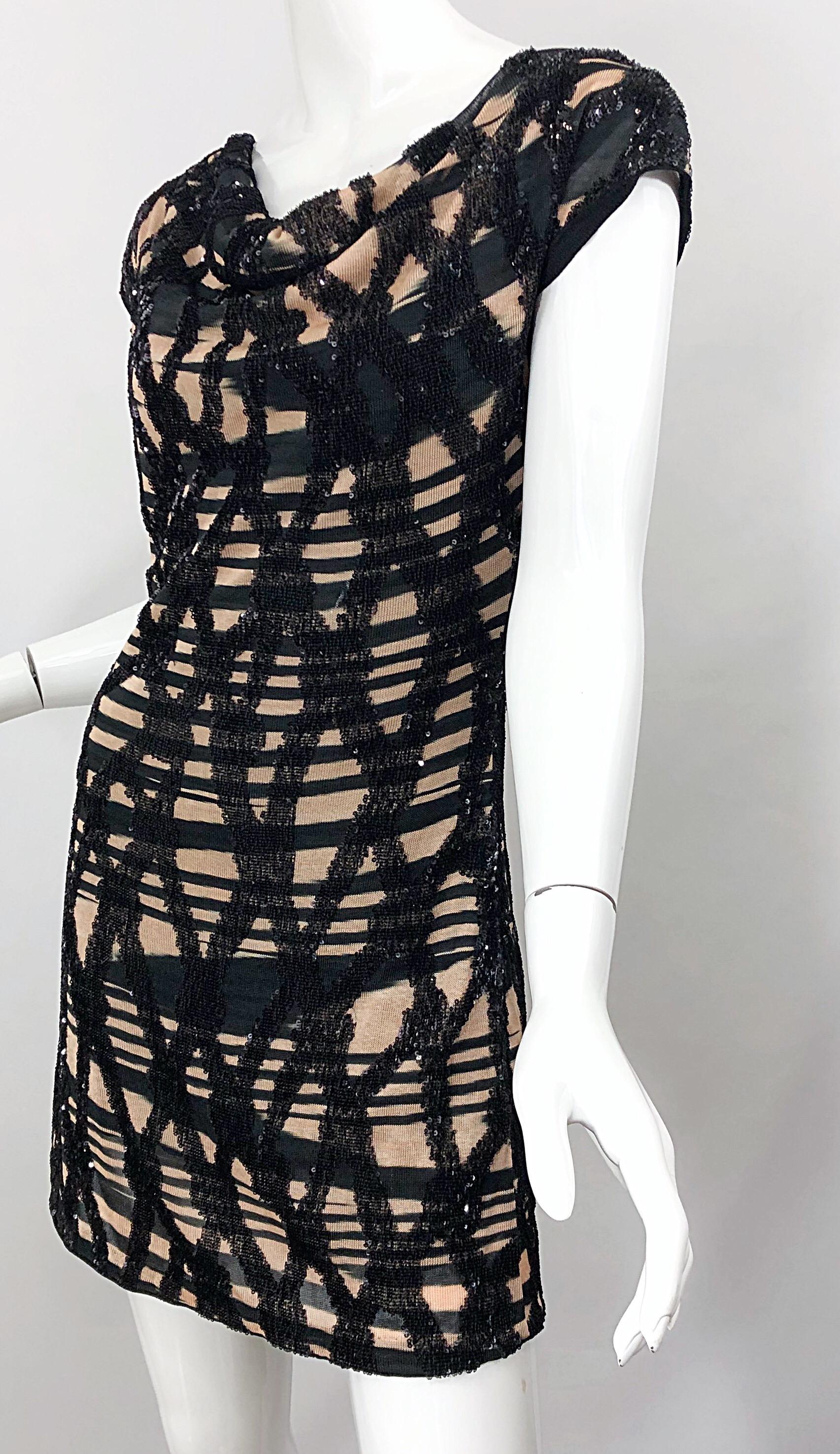 Missoni Early 2000s Black + Nude Sequined Size 40 / 4 - 6 Abstract Mini Dress For Sale 1