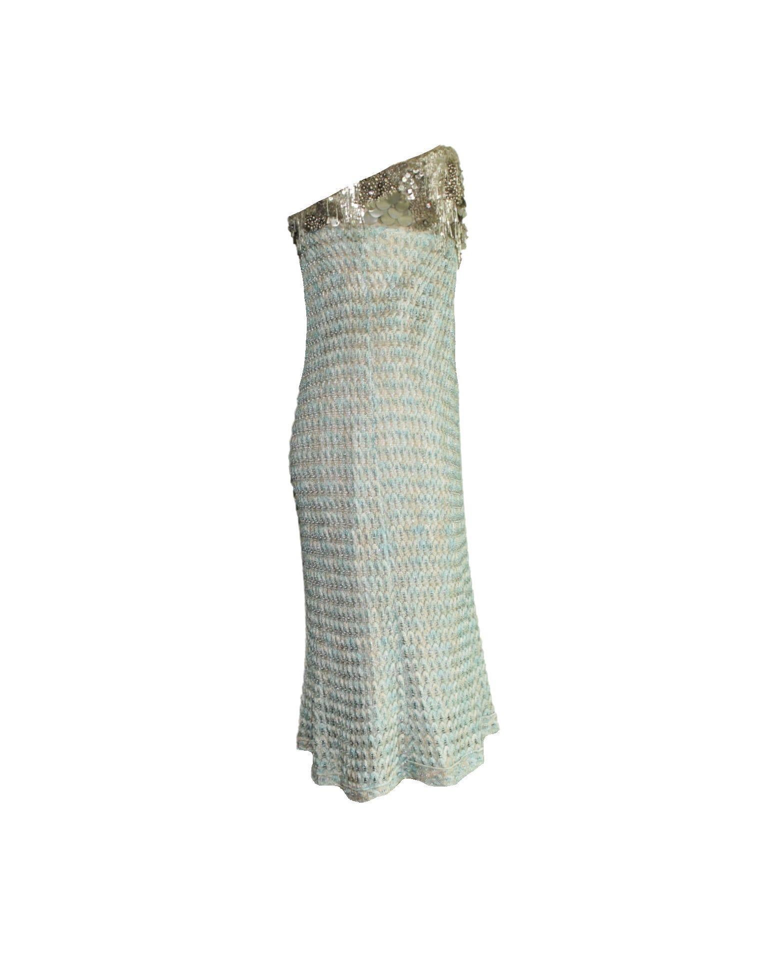 A stunning evening dress by MISSONI - a rare find!
Perfect for the festive season
Babyblue color with metallic silver lurex threads
Bustier corset top
Embellished top with sequins, pearls and crystals
Beautiful MISSONI signature crochet-knit