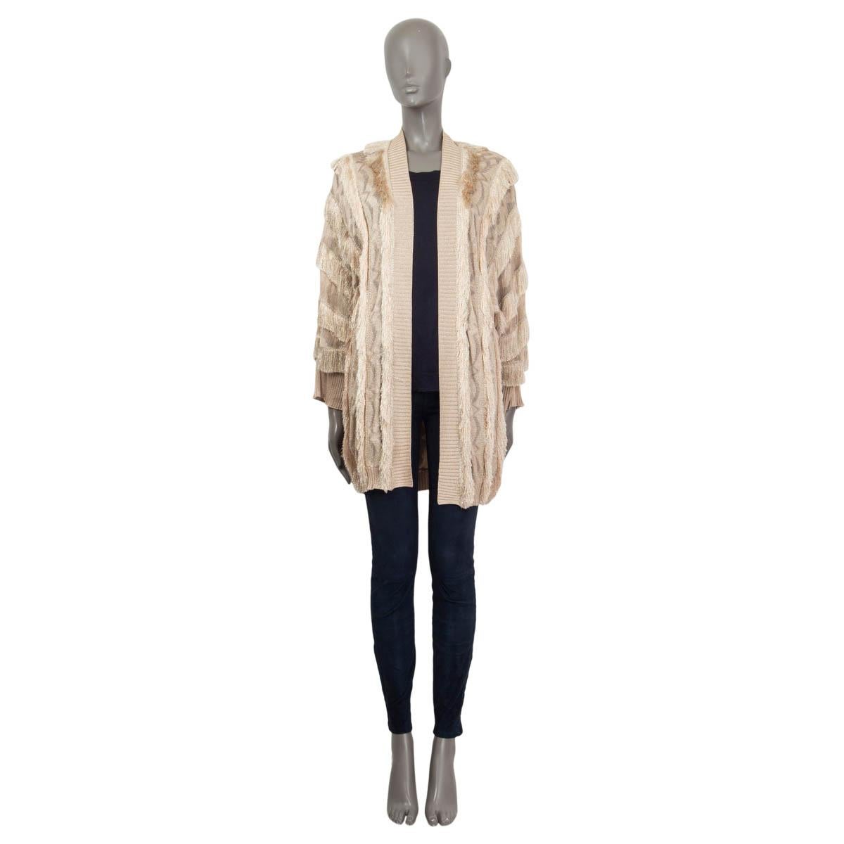 100% authentic Missoni open cardigan in champagne and light gold viscose (80%), cupro (13%) and polyester (7%). Features fringes all over the cardigan and long raglan sleeves (sleeve measurements taken from the neck). Unlined. Has been worn and is