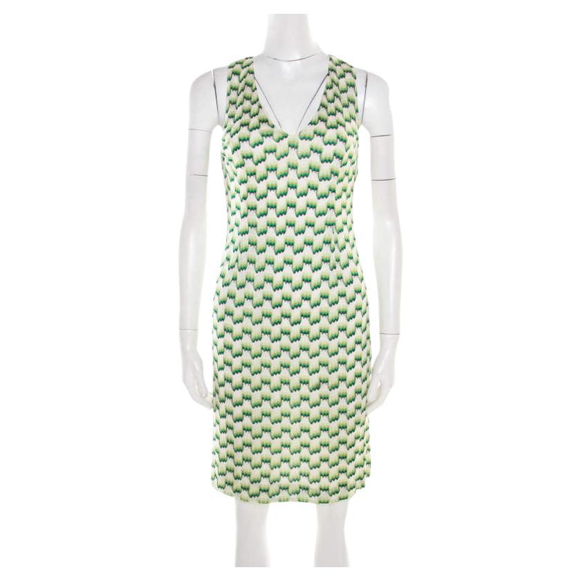 Missoni Green and White Patterned Knit V-Neck Sleeveless Dress S For Sale