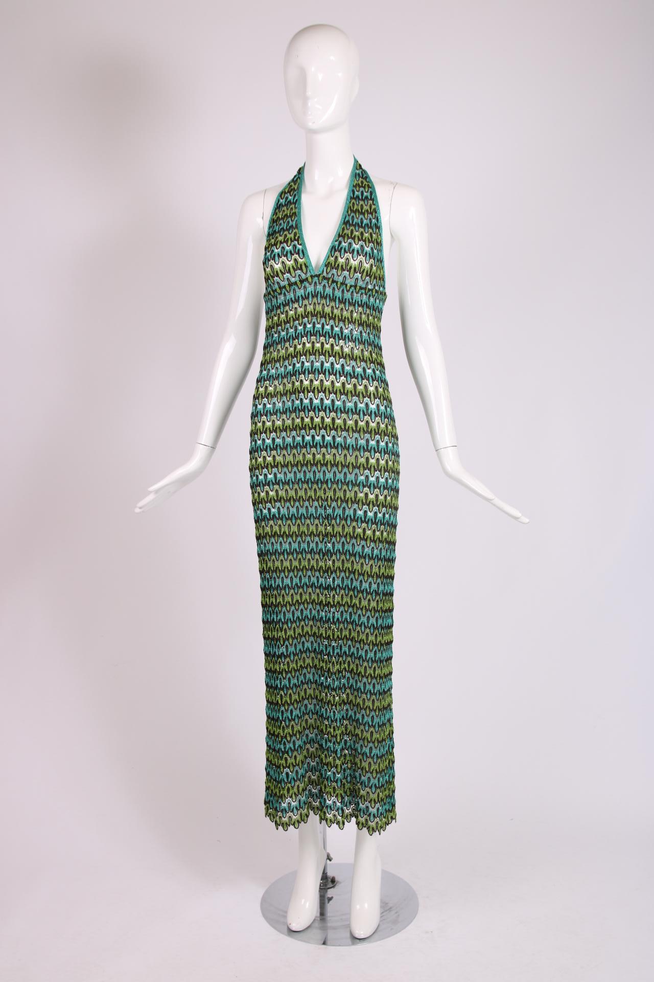 Missoni orange label green and blue metallic lurex knit maxi dress with a halter style top. Size 40 - in very good vintage condition. There is what appears to be an alteration at the back neck where the fabric ties have been taken in to shorten the