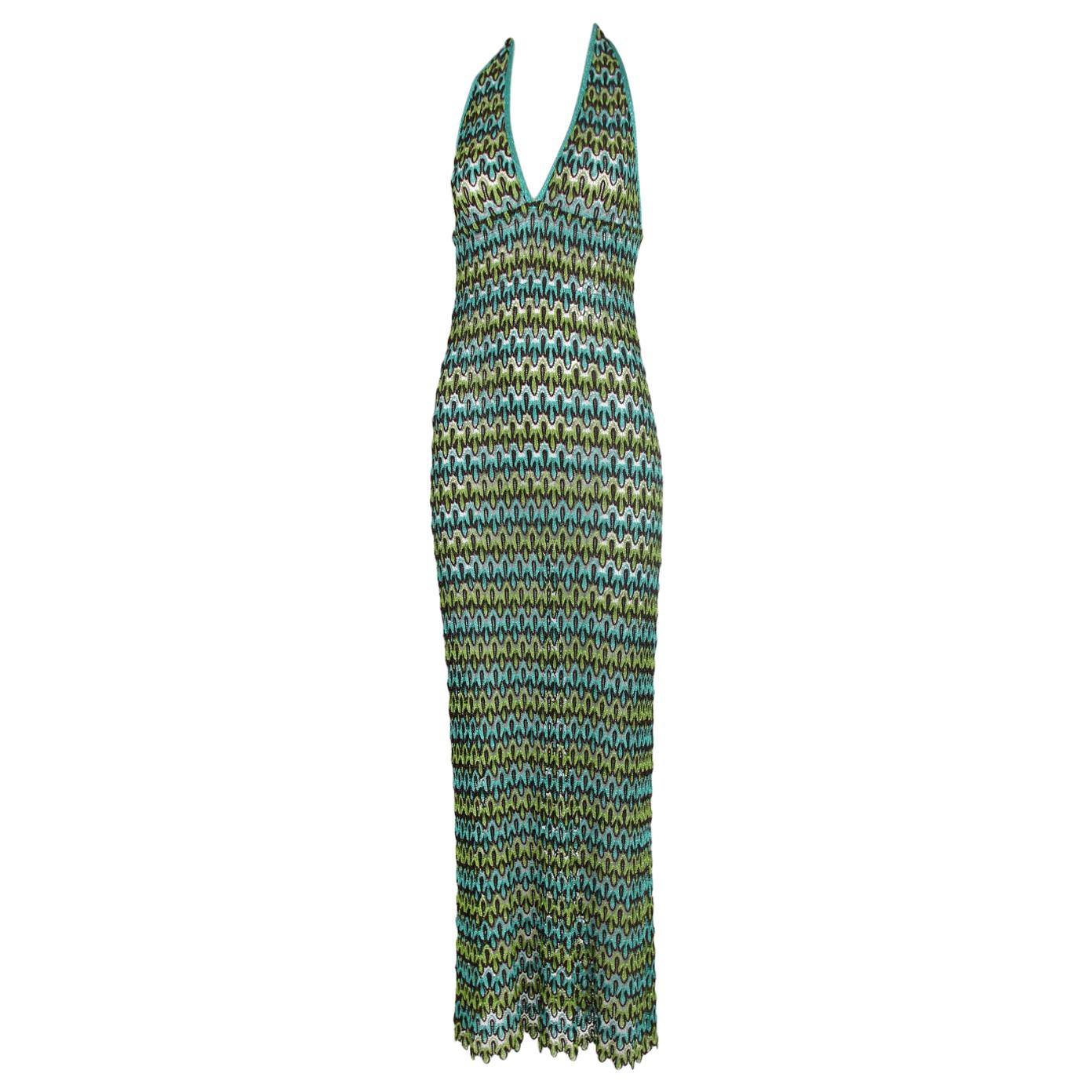 Missoni Green & Blue Metallic Knit Halter Dress