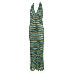 Vintage Missoni Green & Blue Metallic Knit Halter Dress