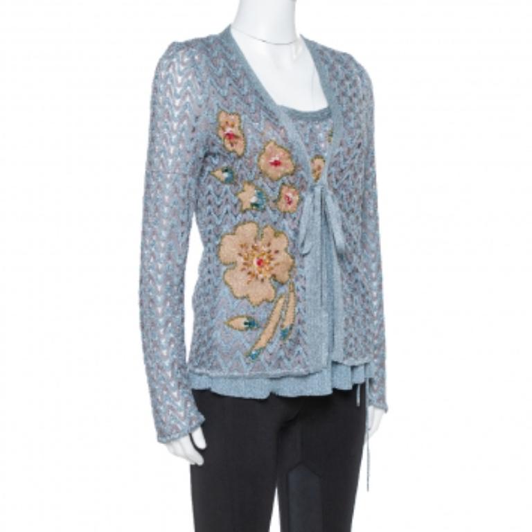 Gray Missoni Grey Lurex Knit Crystal Embellished Top and Cardigan Set L For Sale