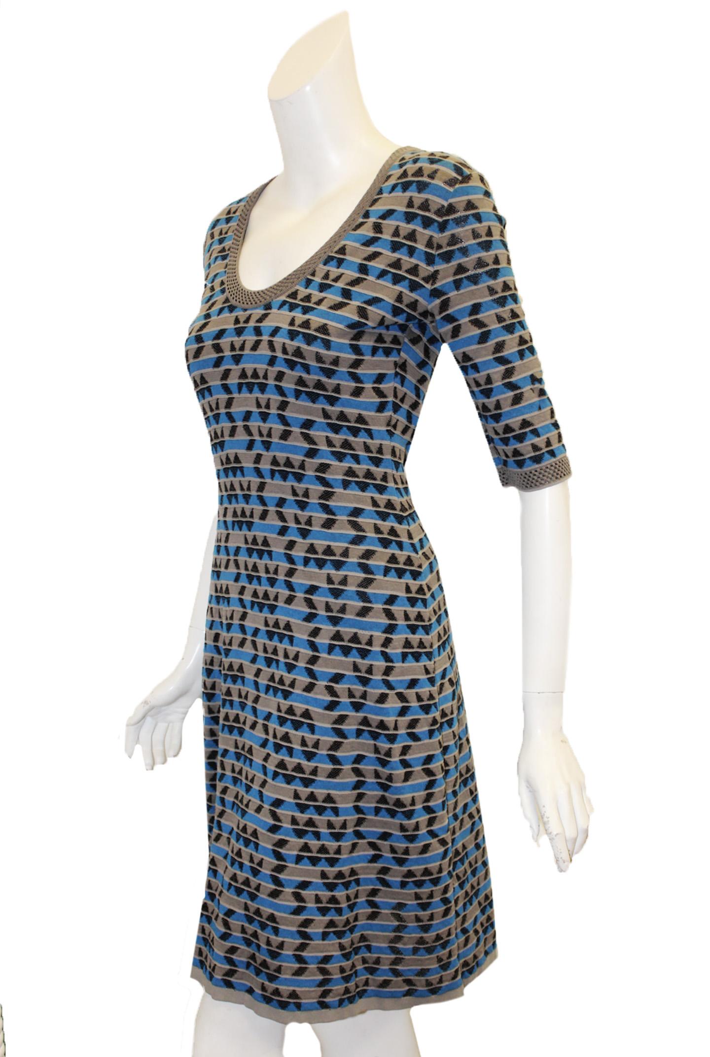 Missoni Grey, Turquoise and Black Scoop Neck Dress W/ 3/4 Sleeeves In Excellent Condition For Sale In Palm Beach, FL