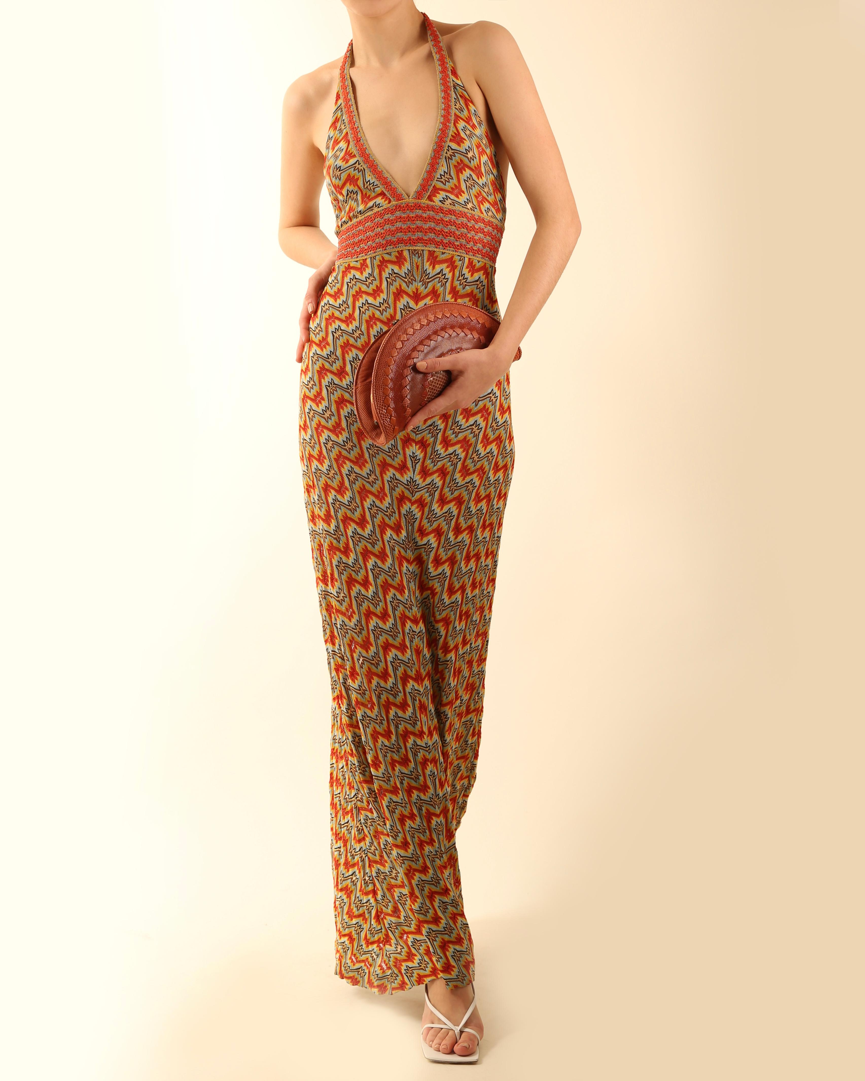 Missoni halter neck plunging backless knit silk orange blue brown maxi dress 2