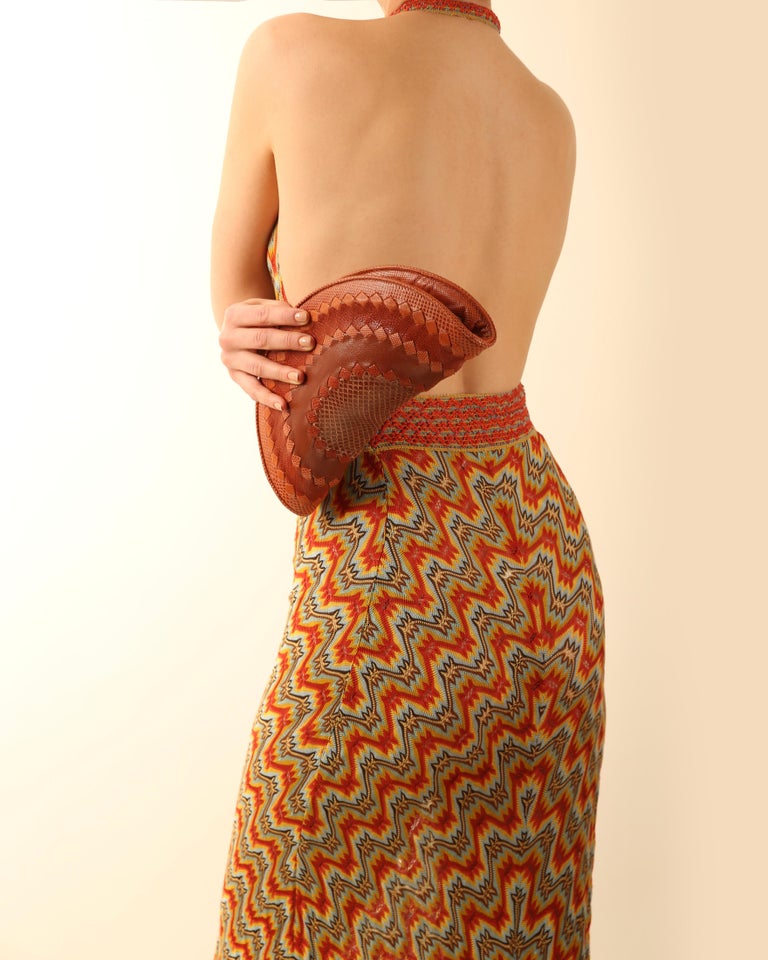 Missoni halter neck plunging backless knit silk orange blue brown maxi dress For Sale 6