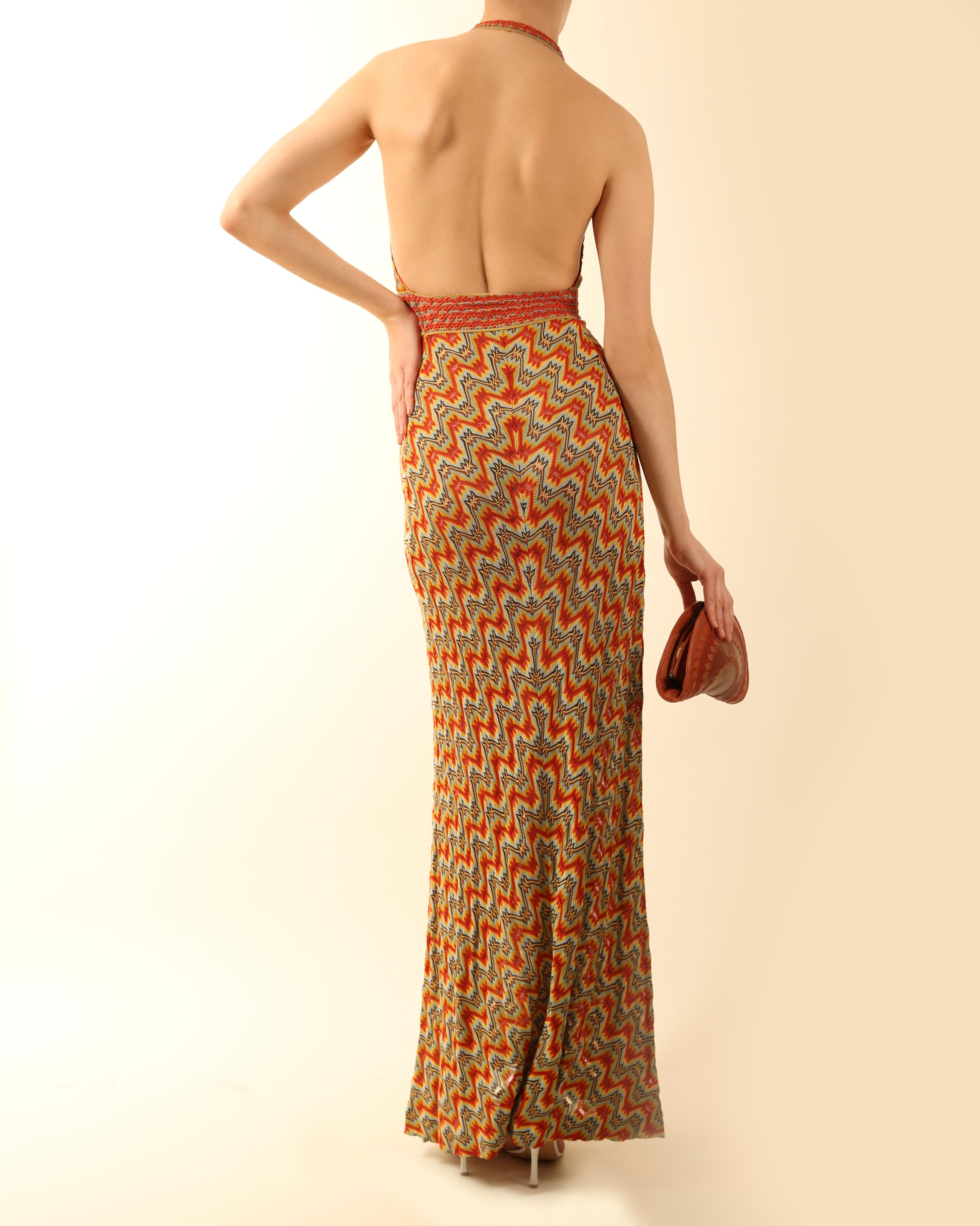 Missoni halter neck plunging backless knit silk orange blue brown maxi dress 4