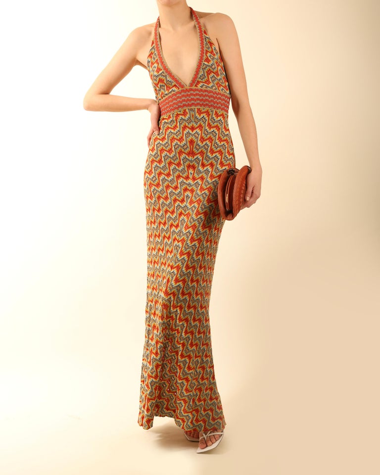 Women's Missoni halter neck plunging backless knit silk orange blue brown maxi dress For Sale