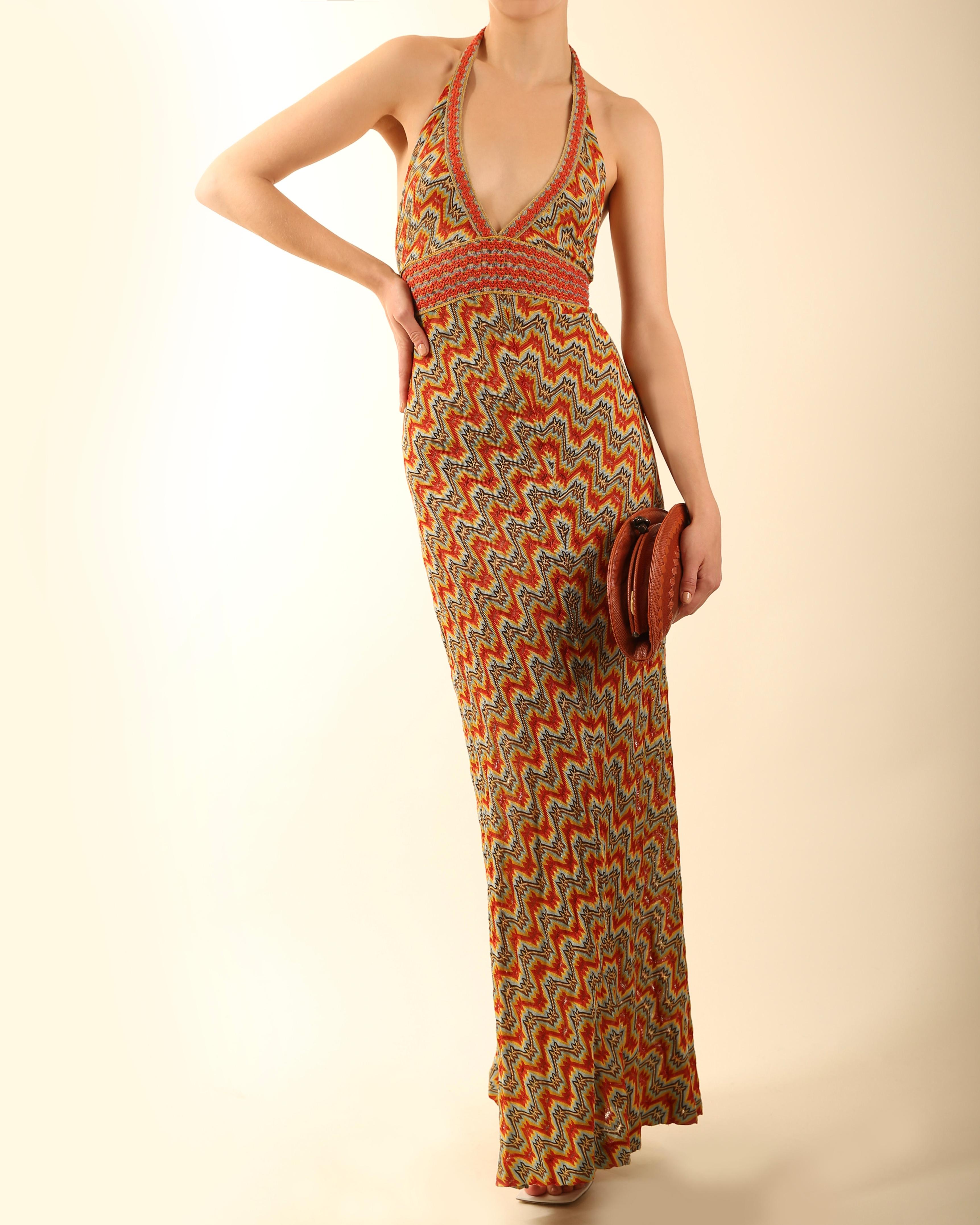 Brown Missoni halter neck plunging backless knit silk orange blue brown maxi dress