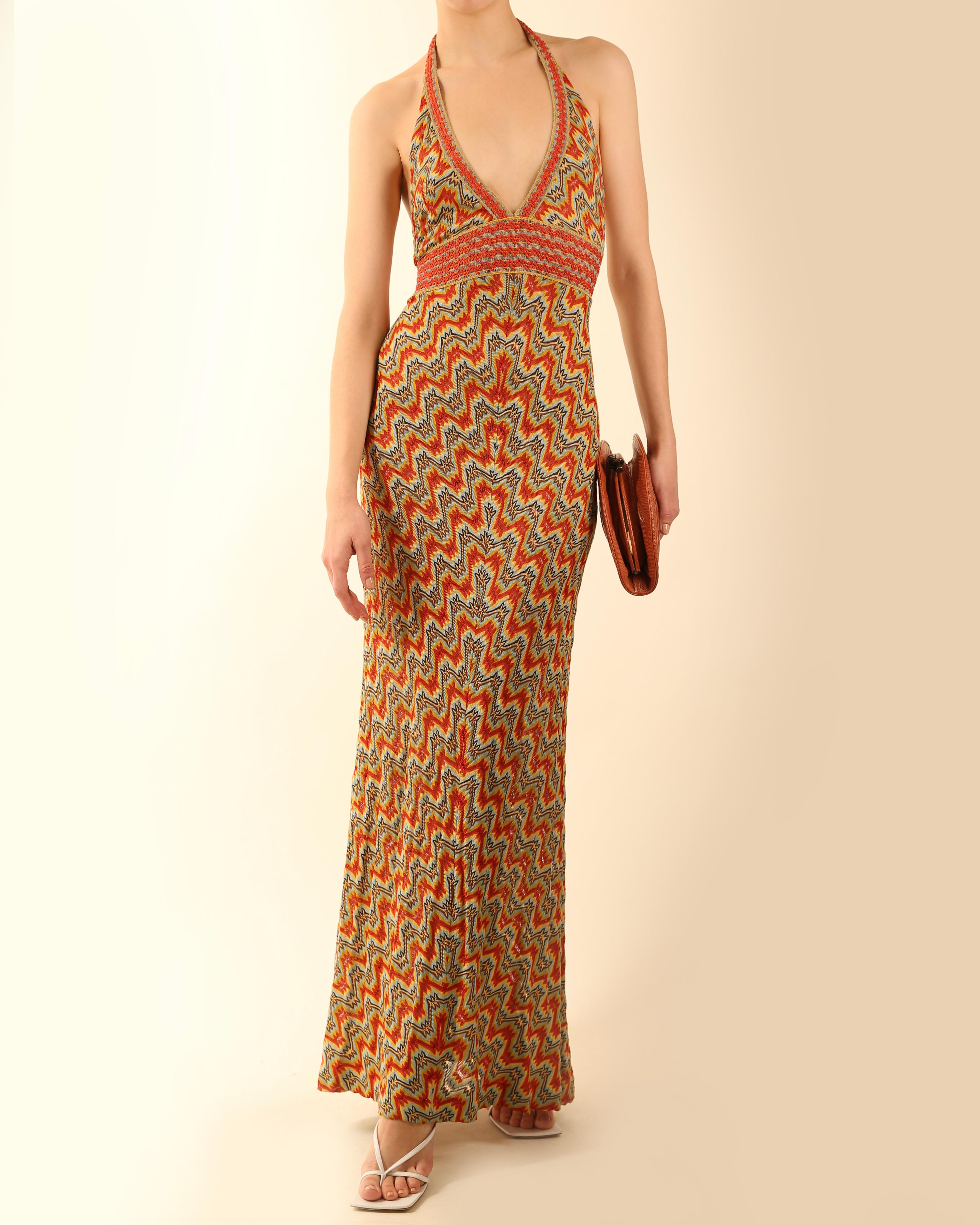 Missoni halter neck plunging backless knit silk orange blue brown maxi dress In Excellent Condition In Paris, FR