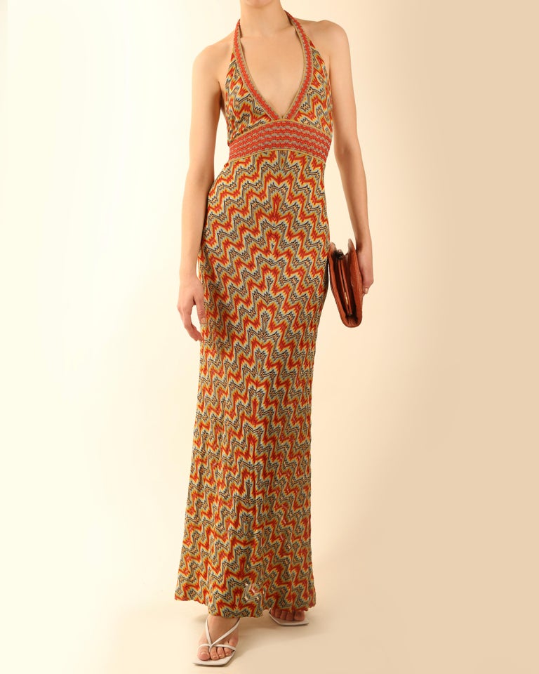 Missoni halter neck plunging backless knit silk orange blue brown maxi dress For Sale 2
