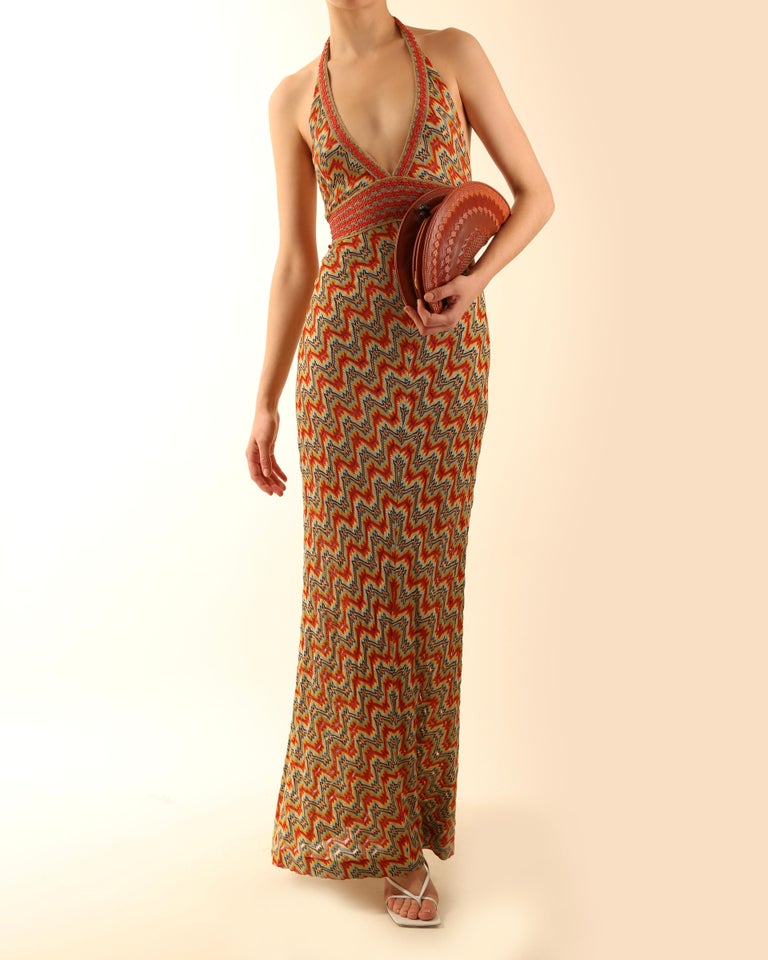 Missoni halter neck plunging backless knit silk orange blue brown maxi dress For Sale 3