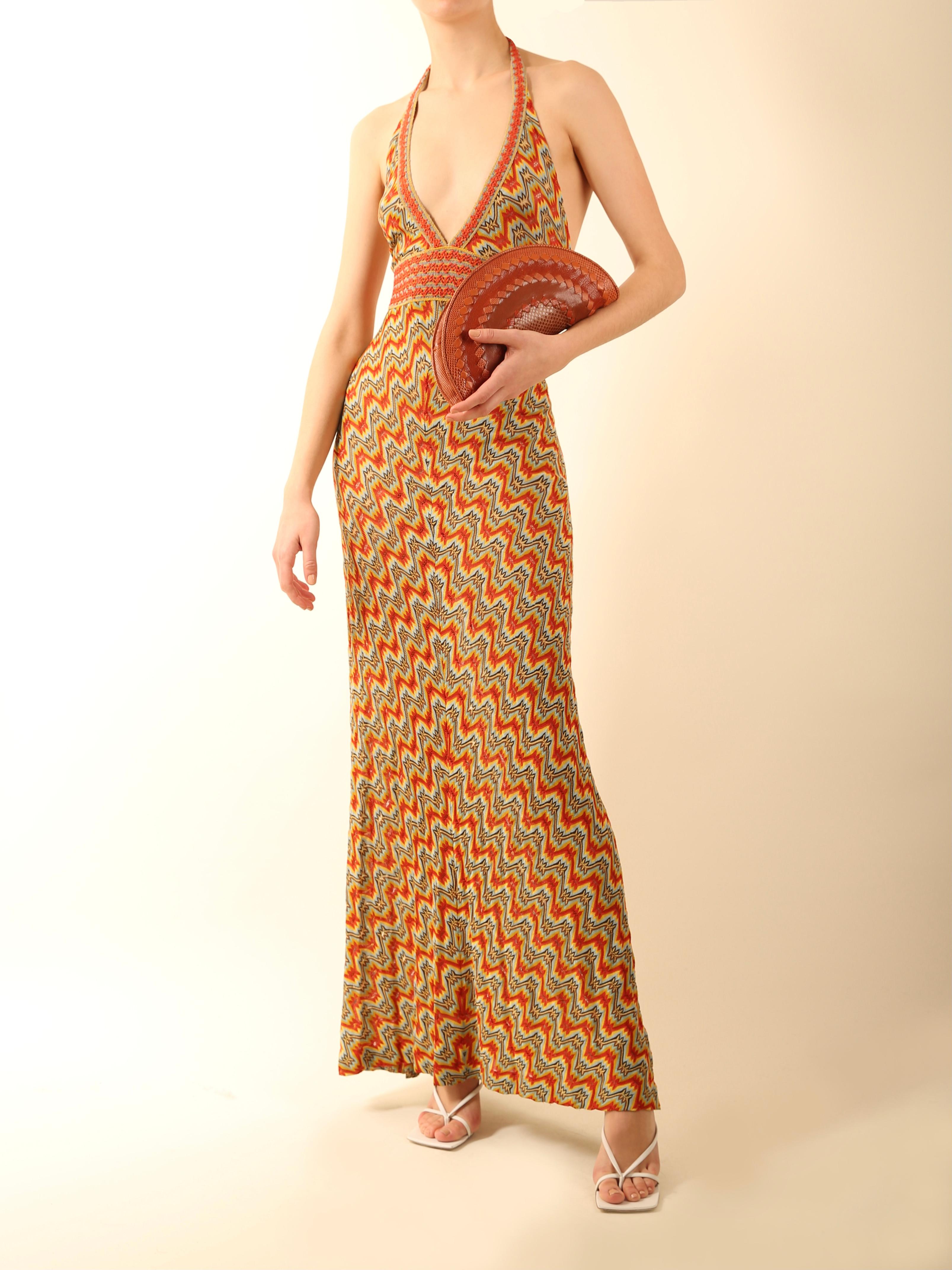 Missoni halter neck plunging backless knit silk orange blue brown maxi dress 1